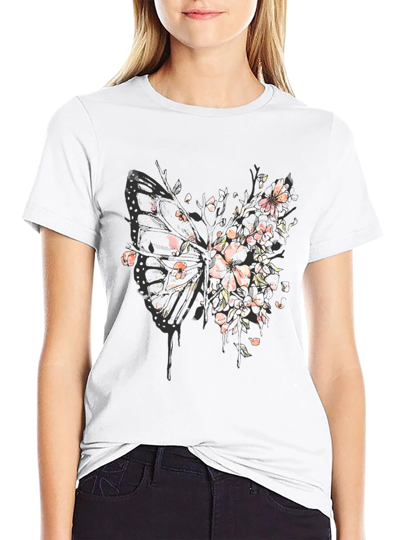 Butterfly Floral Graphic Tee - Black Cotton Blend