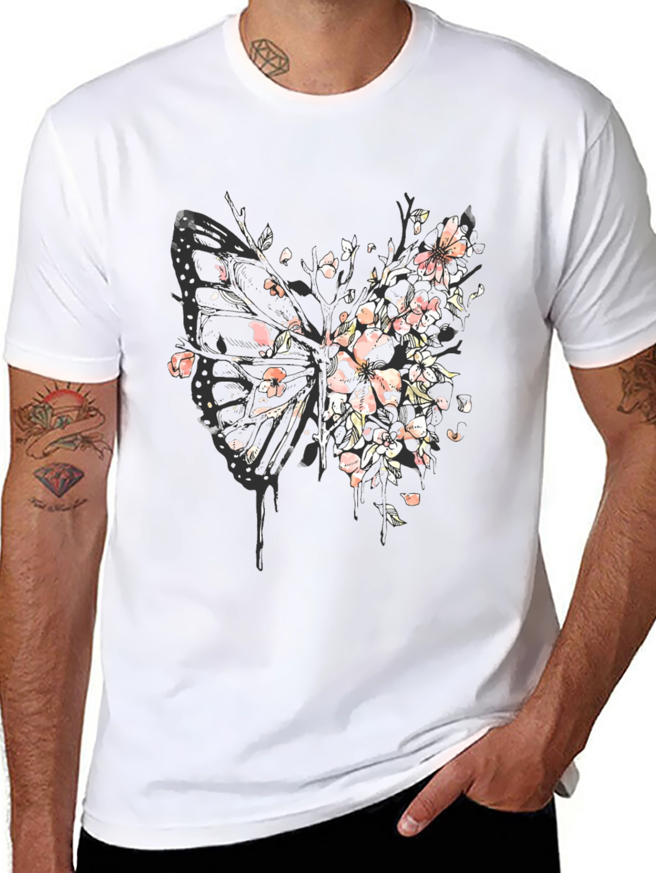 Butterfly Floral Graphic Tee - Black Cotton Blend