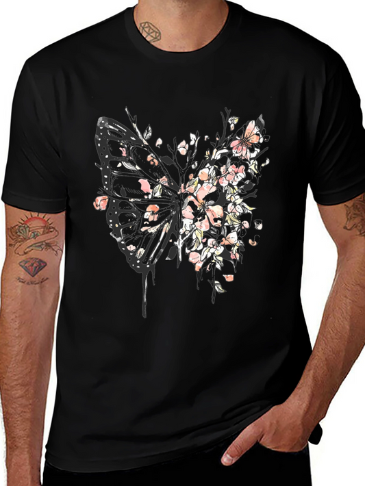 Butterfly Floral Graphic Tee - Black Cotton Blend