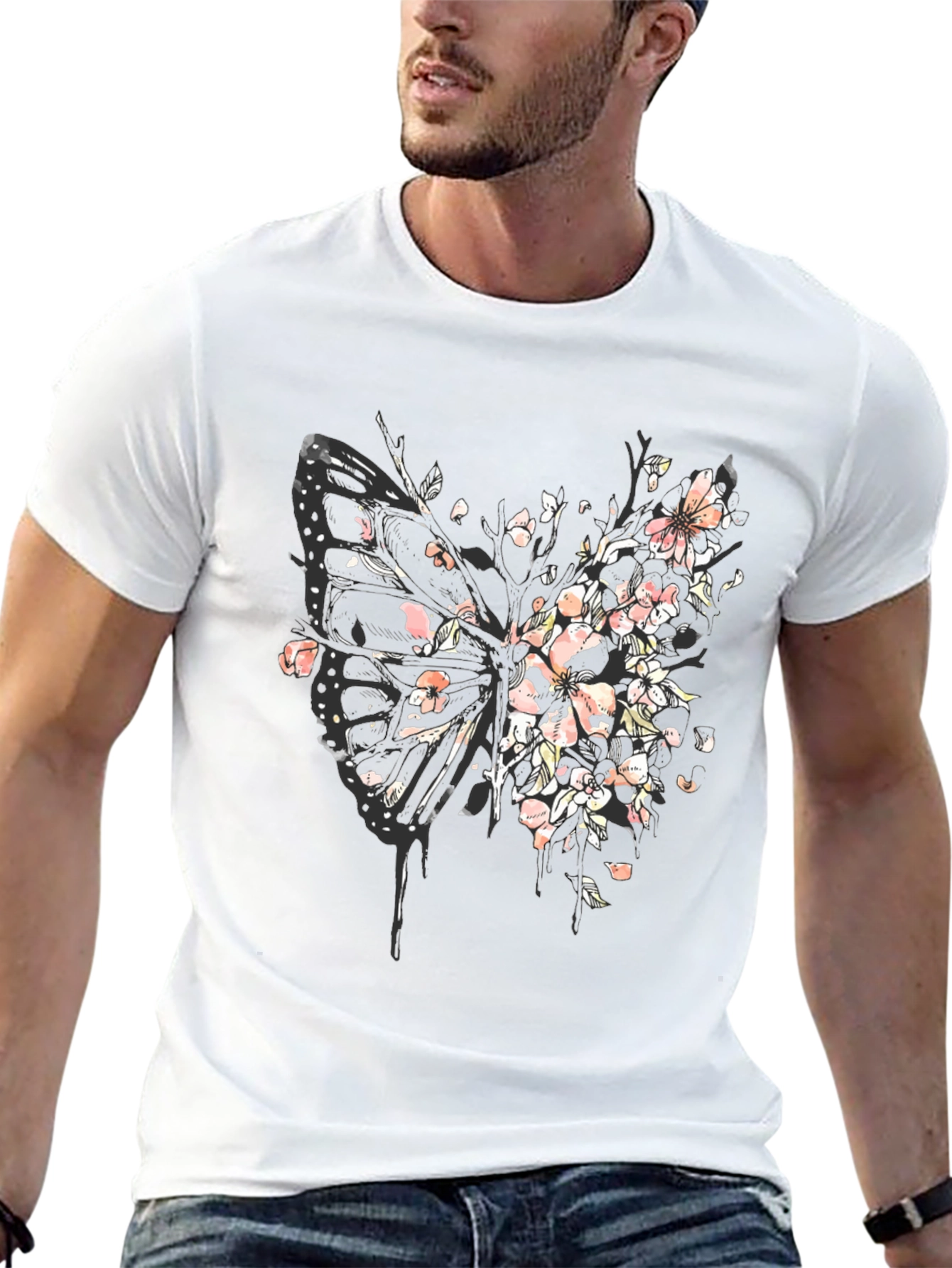 Butterfly Floral Graphic Tee - Black Cotton Blend