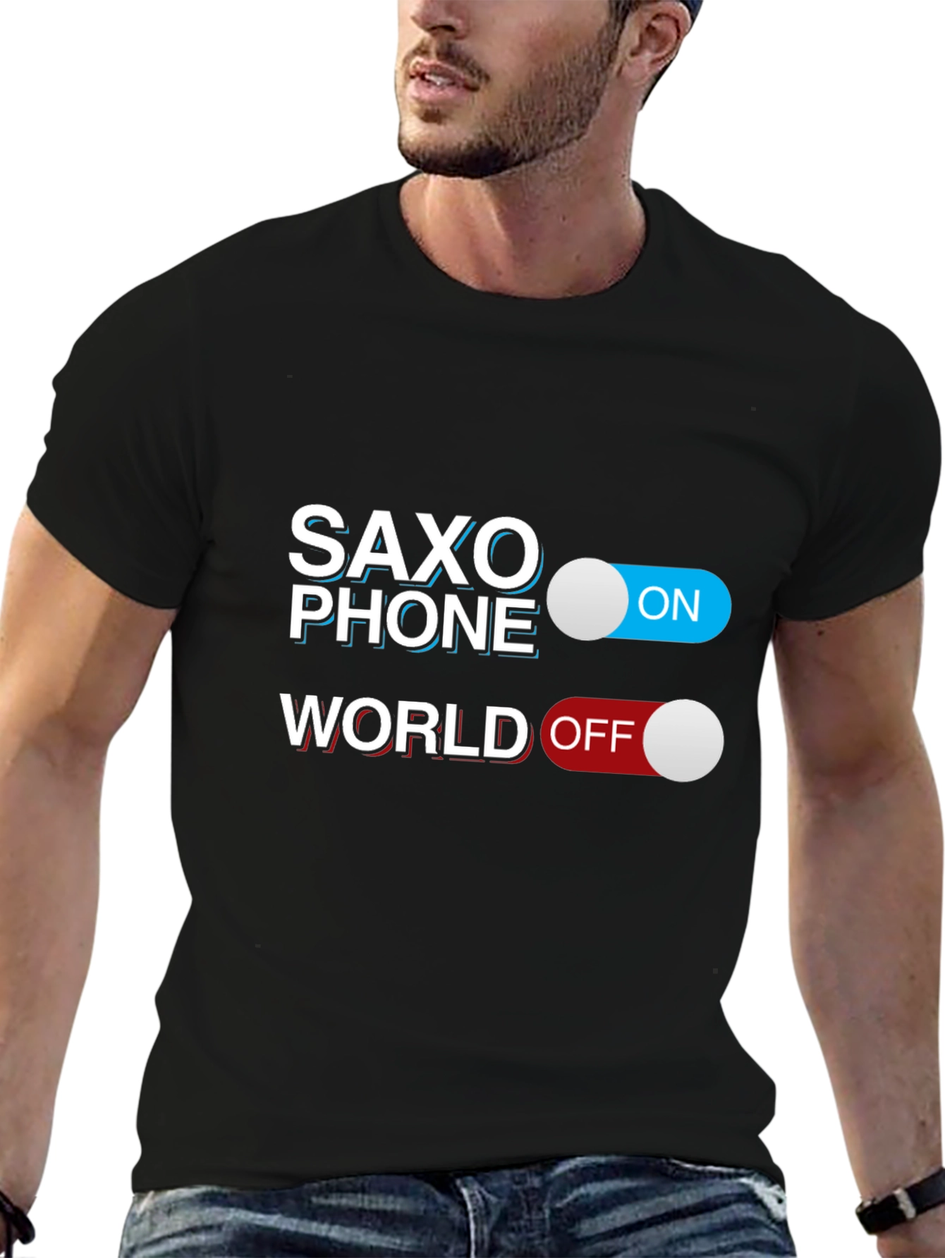 Saxophone On World Off Black T-Shirt