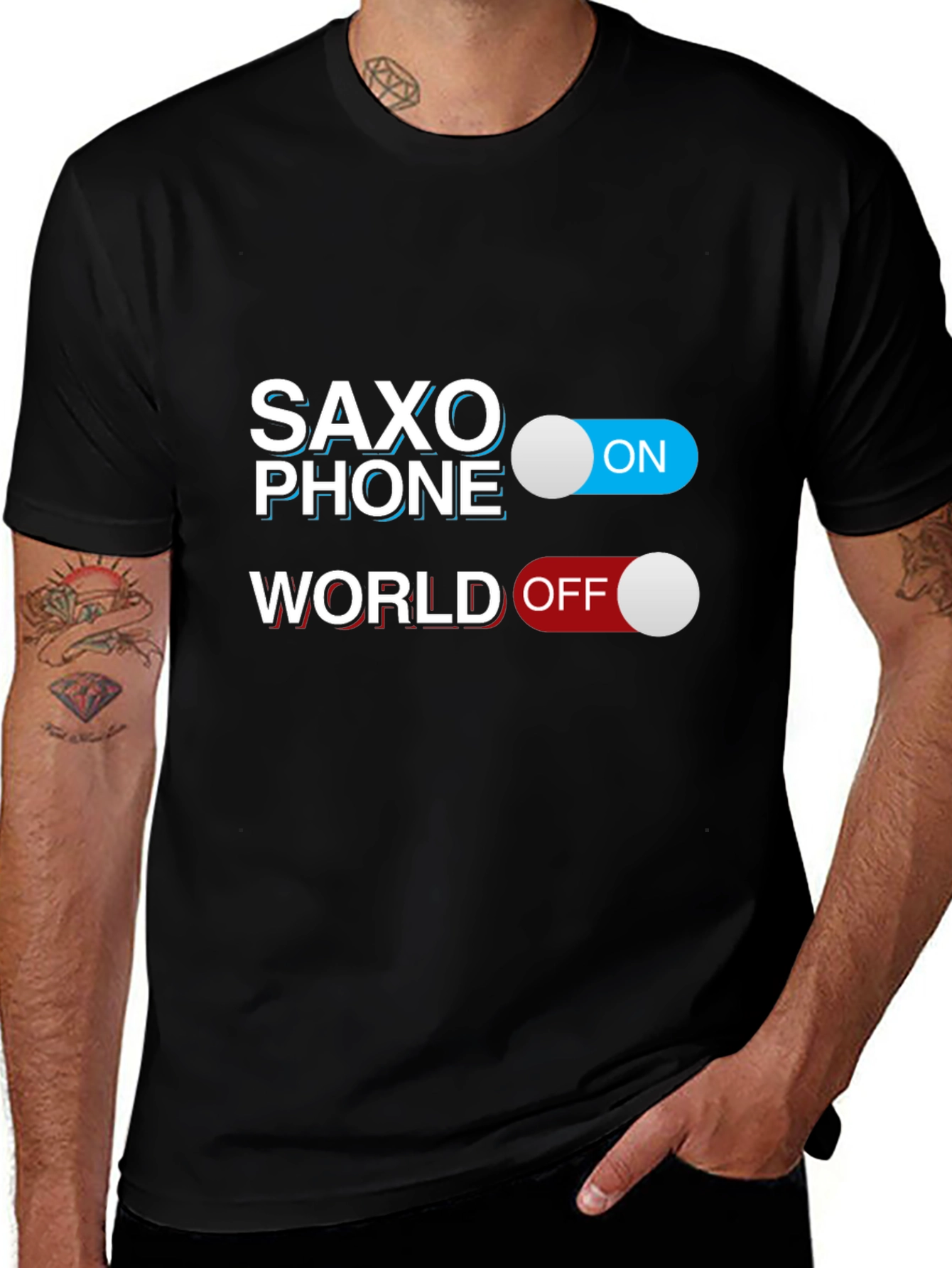 Saxophone On World Off Black T-Shirt