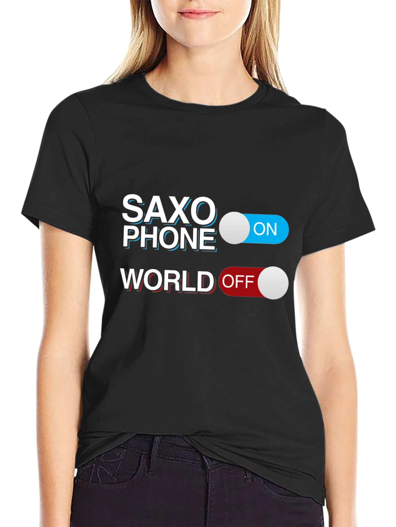 Saxophone On World Off Black T-Shirt