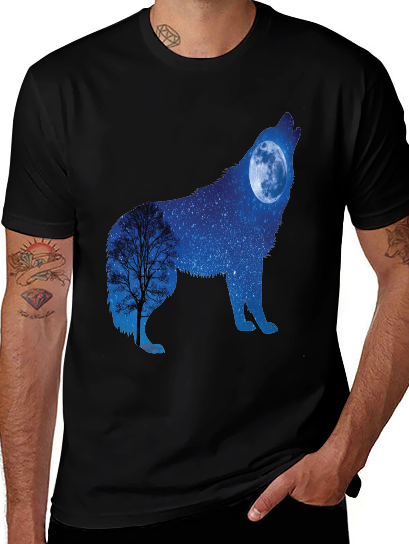 Wolf Moon Silhouette Graphic Tee - Night Sky Design
