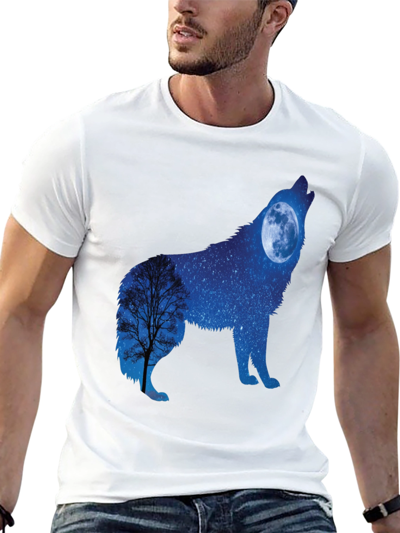 Wolf Moon Silhouette Graphic Tee - Night Sky Design