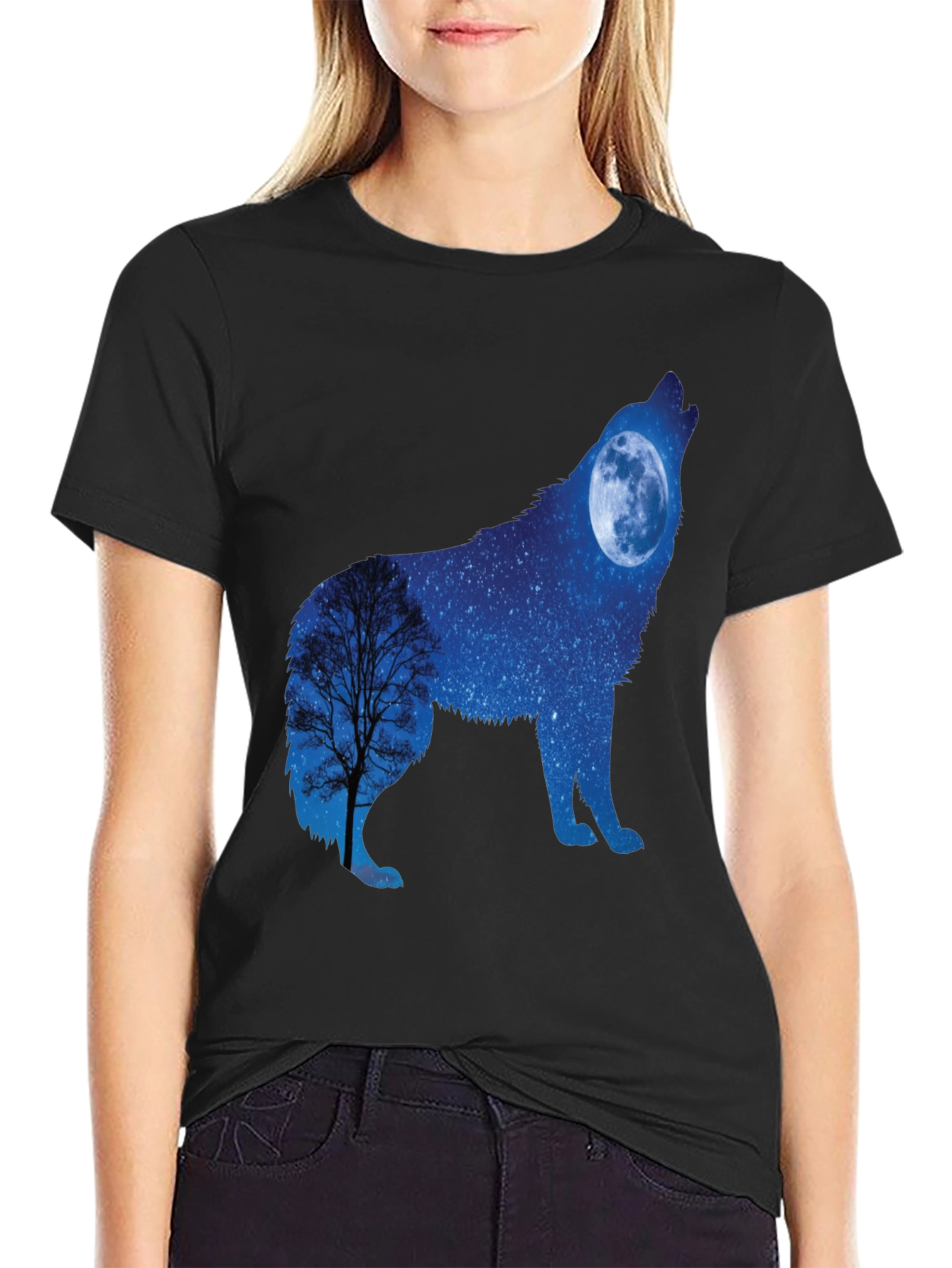 Wolf Moon Silhouette Graphic Tee - Night Sky Design
