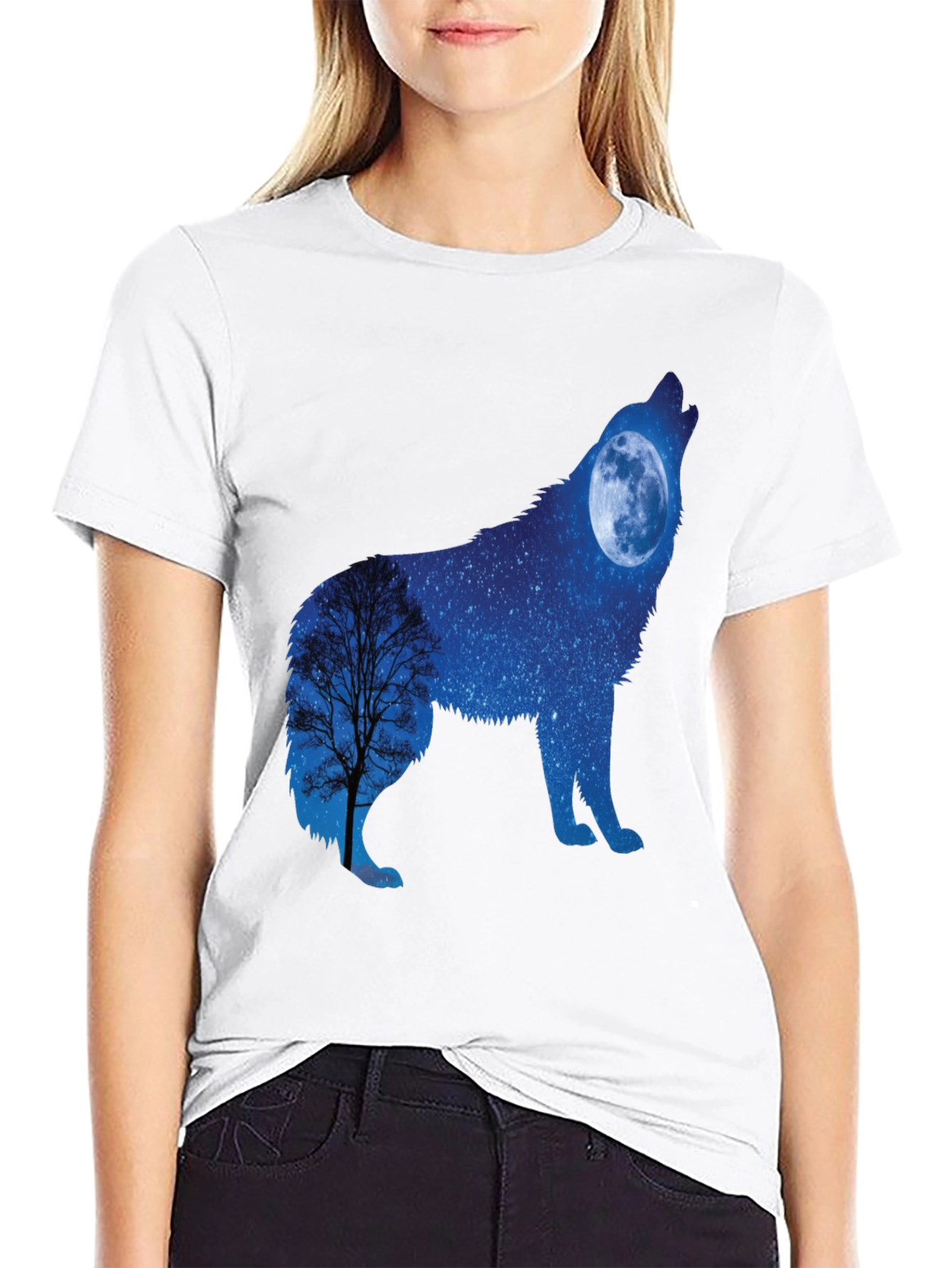 Wolf Moon Silhouette Graphic Tee - Night Sky Design