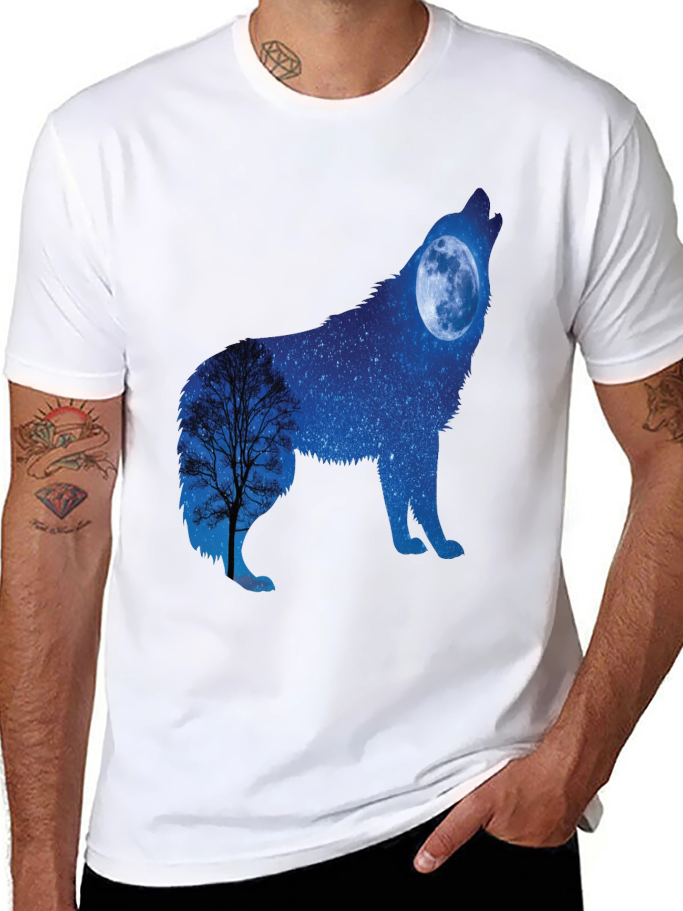 Wolf Moon Silhouette Graphic Tee - Night Sky Design