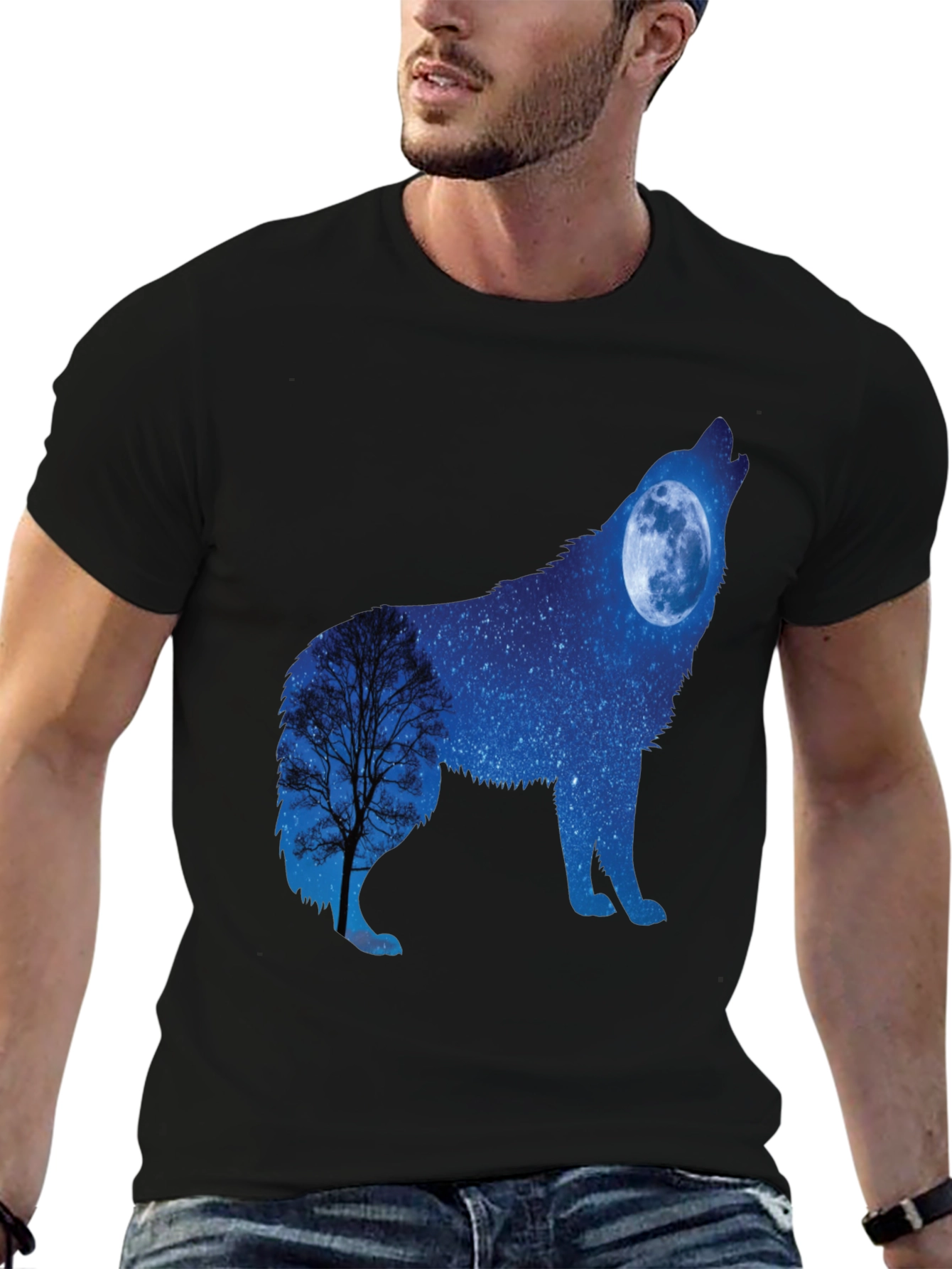 Wolf Moon Silhouette Graphic Tee - Night Sky Design