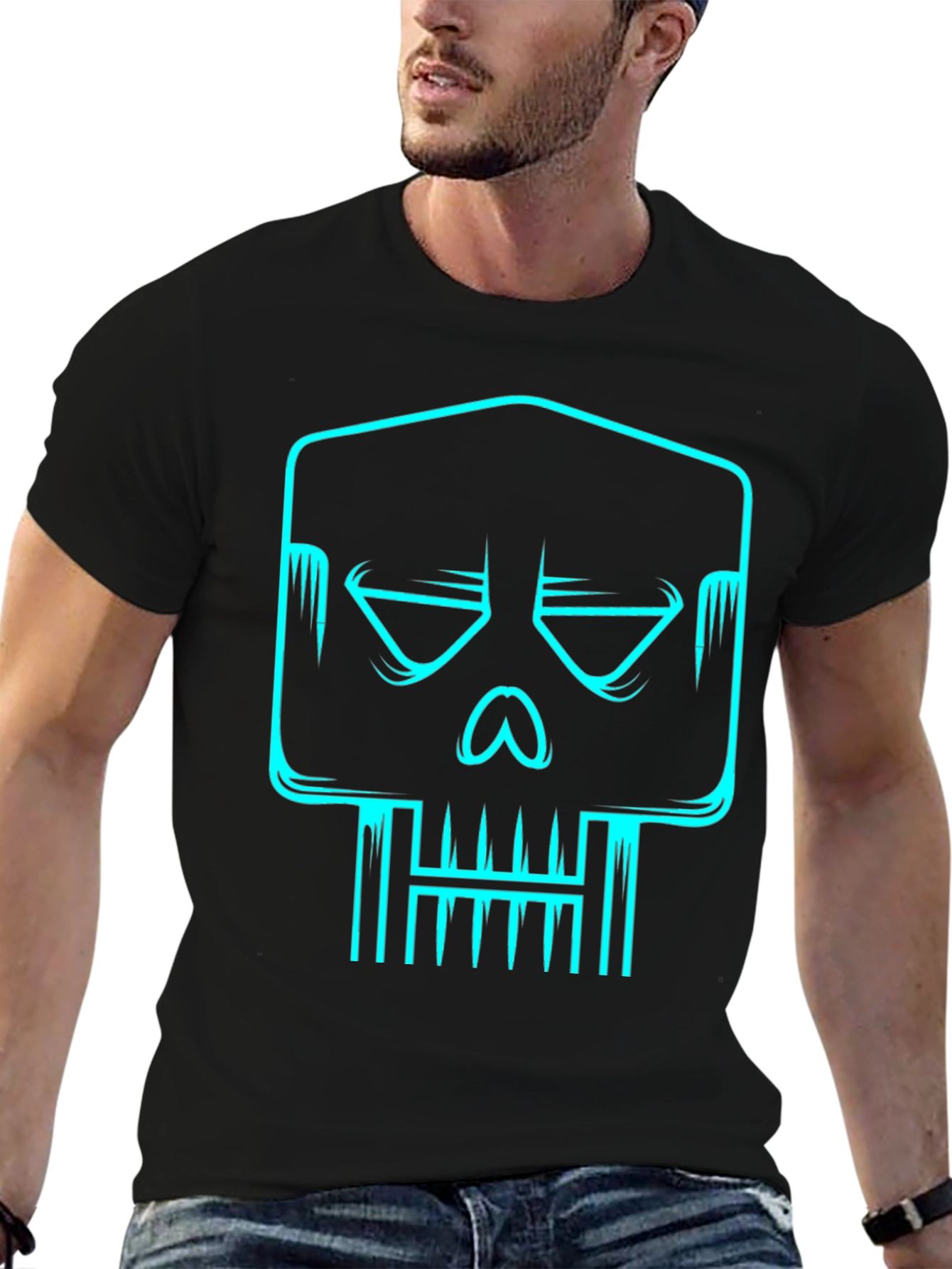 Cyber Skull Graphic Tee - Black Cotton T-Shirt
