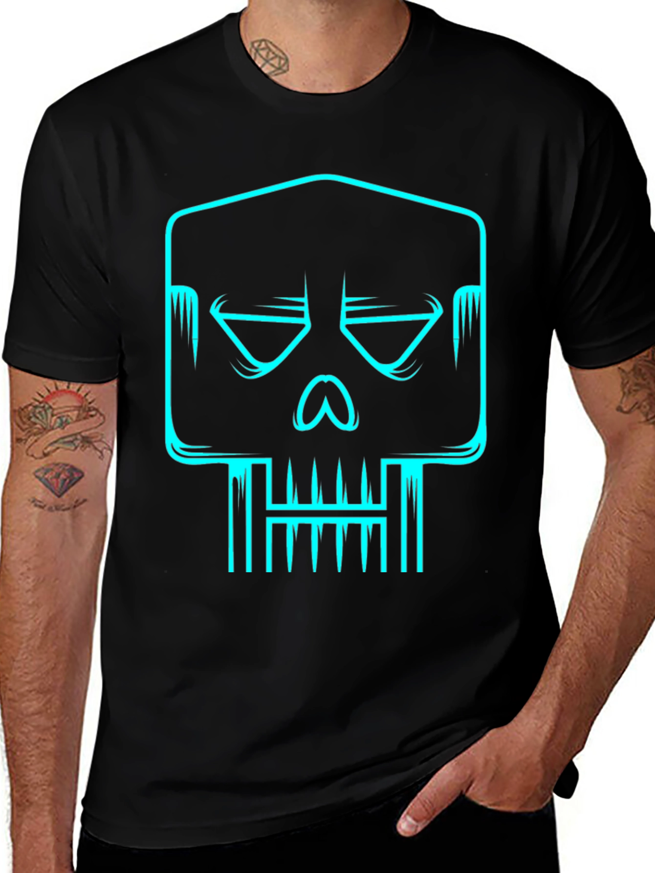 Cyber Skull Graphic Tee - Black Cotton T-Shirt