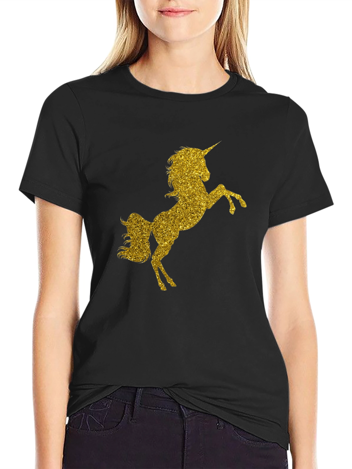 Gold Glitter Unicorn Black T-Shirt