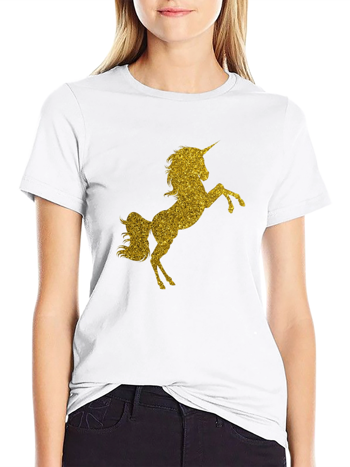 Gold Glitter Unicorn Black T-Shirt