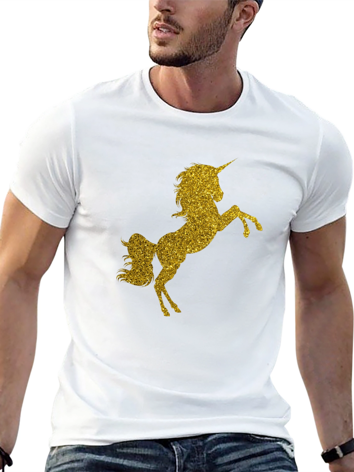 Gold Glitter Unicorn Black T-Shirt