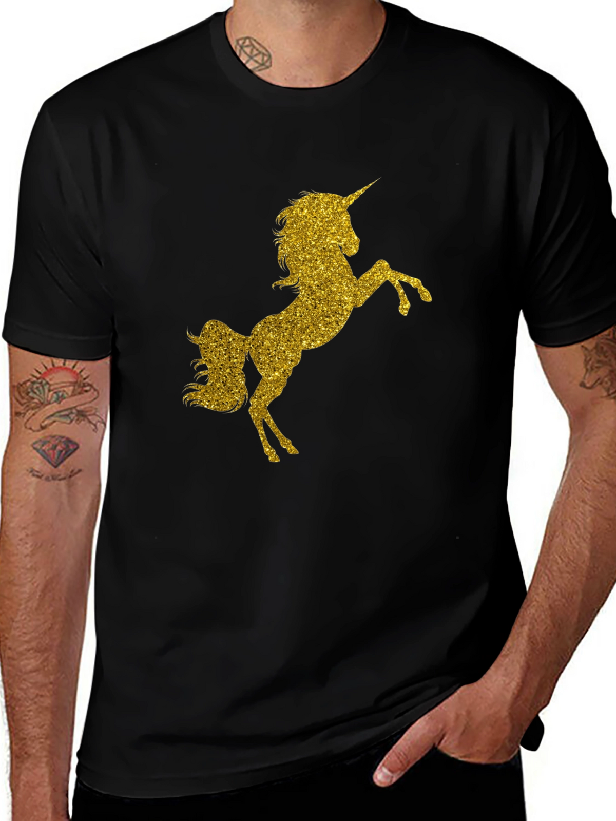 Gold Glitter Unicorn Black T-Shirt