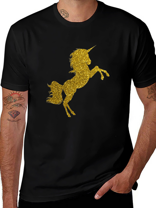 Gold Glitter Unicorn Black T-Shirt