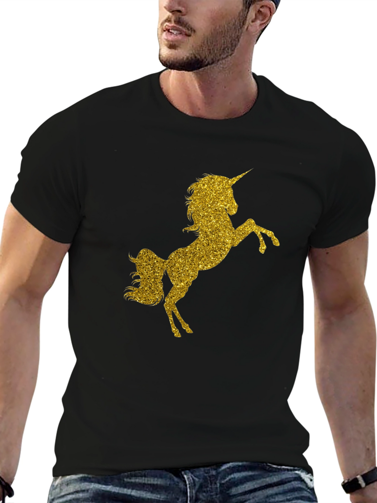 Gold Glitter Unicorn Black T-Shirt
