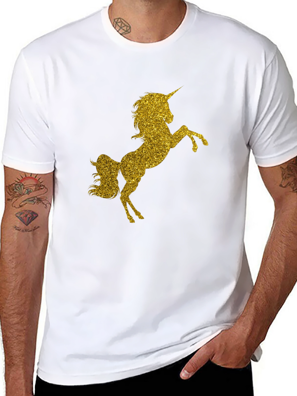 Gold Glitter Unicorn Black T-Shirt