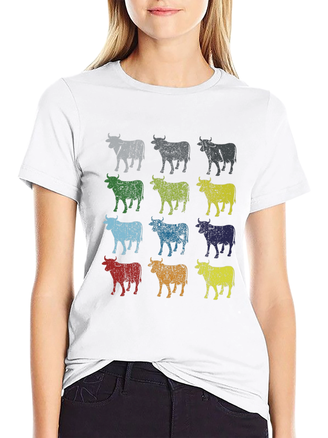 Retro Cow Print Graphic Tee - Black