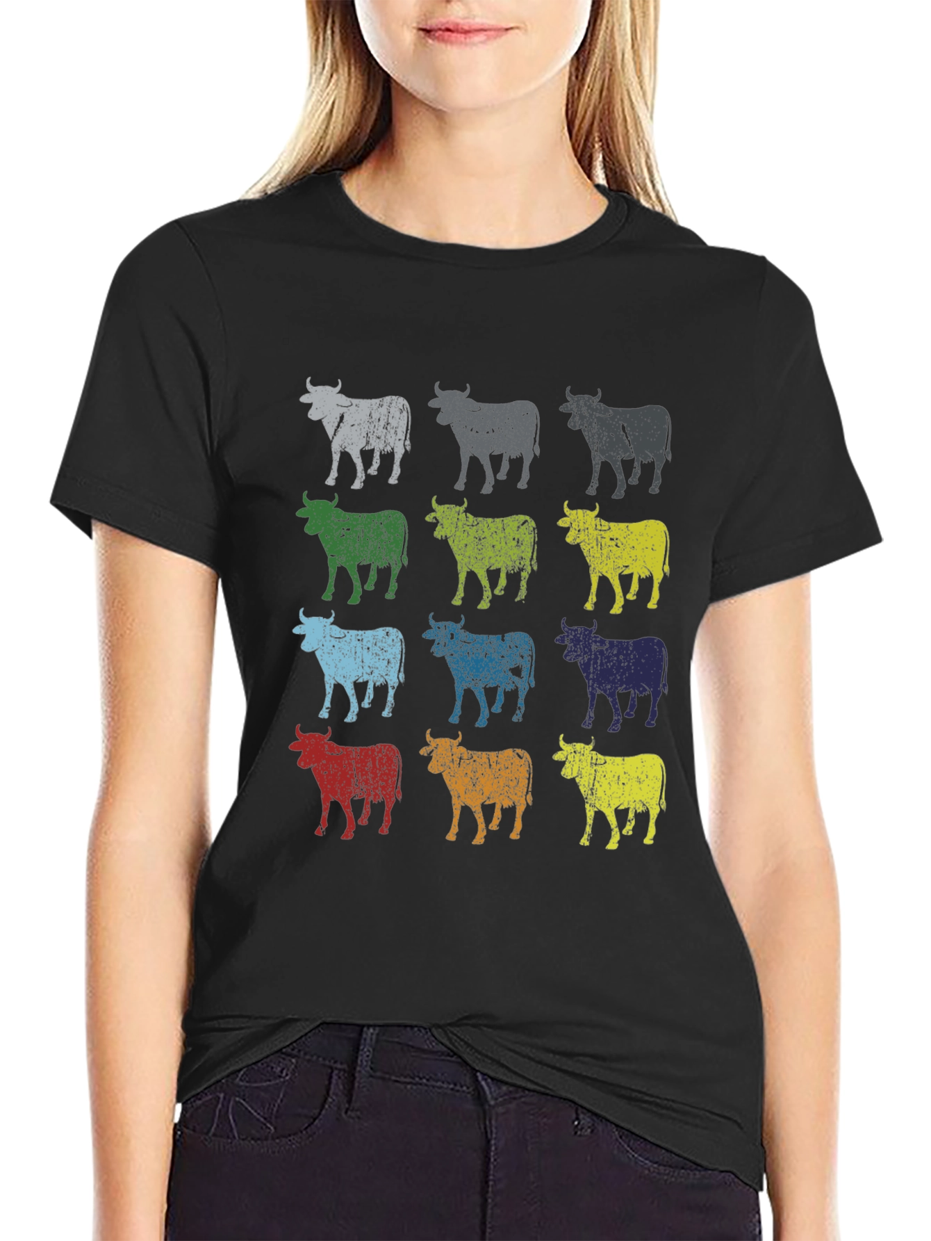 Retro Cow Print Graphic Tee - Black