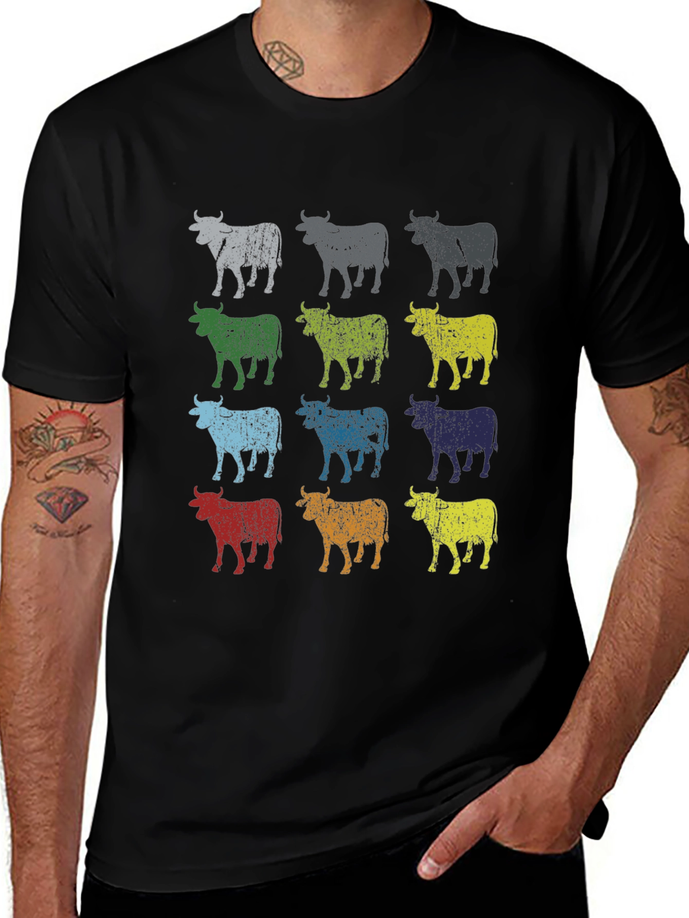 Retro Cow Print Graphic Tee - Black