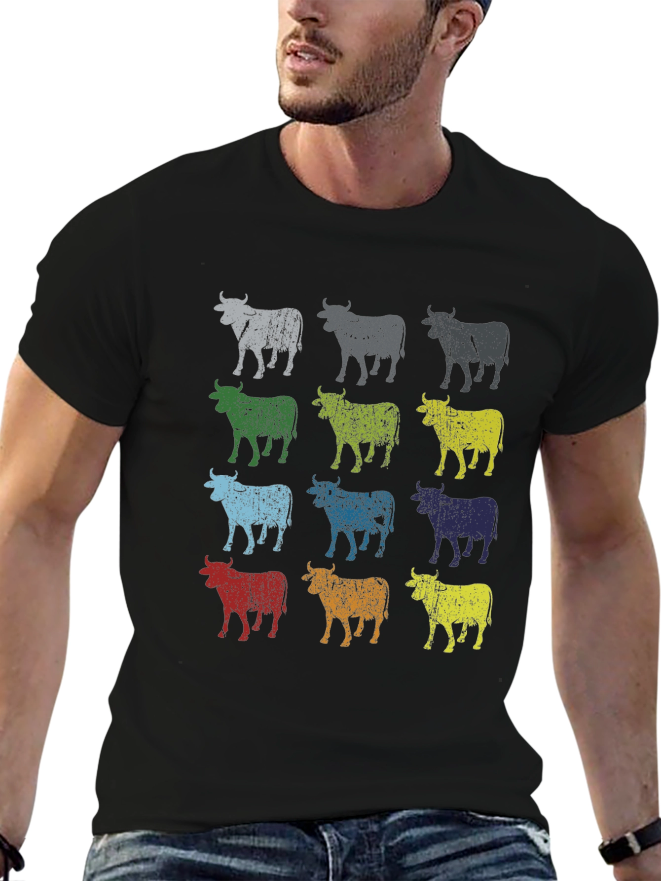 Retro Cow Print Graphic Tee - Black