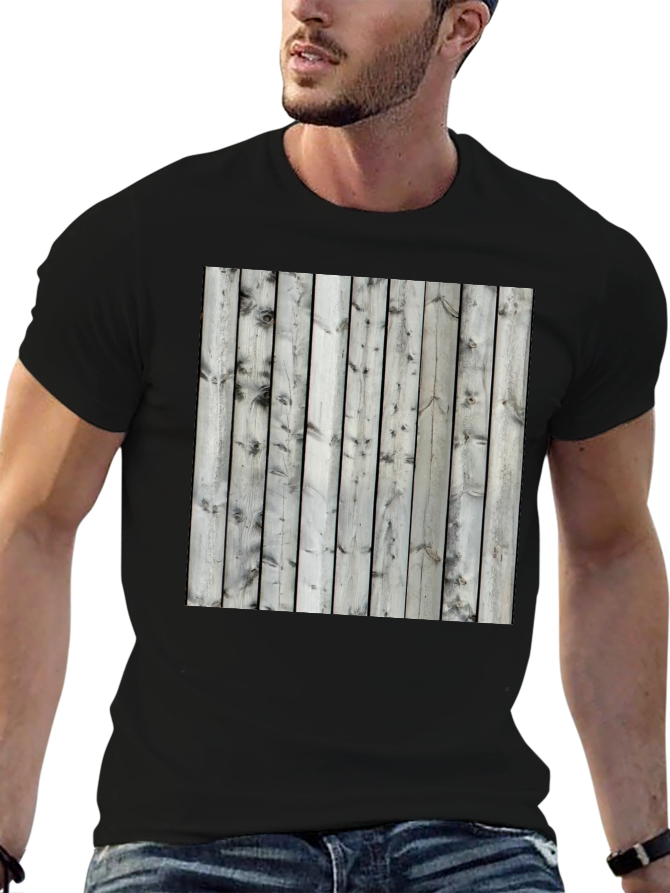 Wooden Fence Print Tee - Black Casual T-Shirt