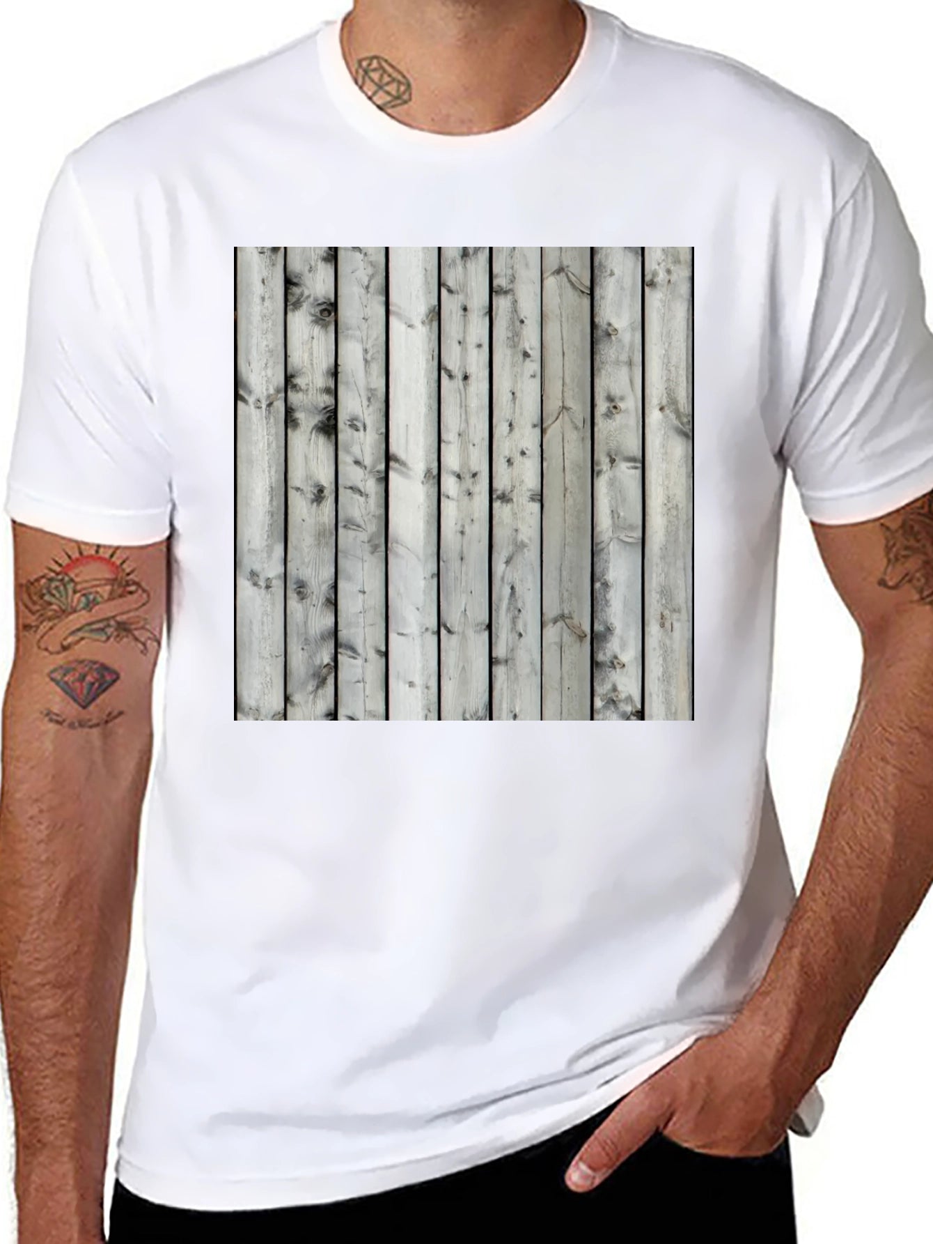 Wooden Fence Print Tee - Black Casual T-Shirt