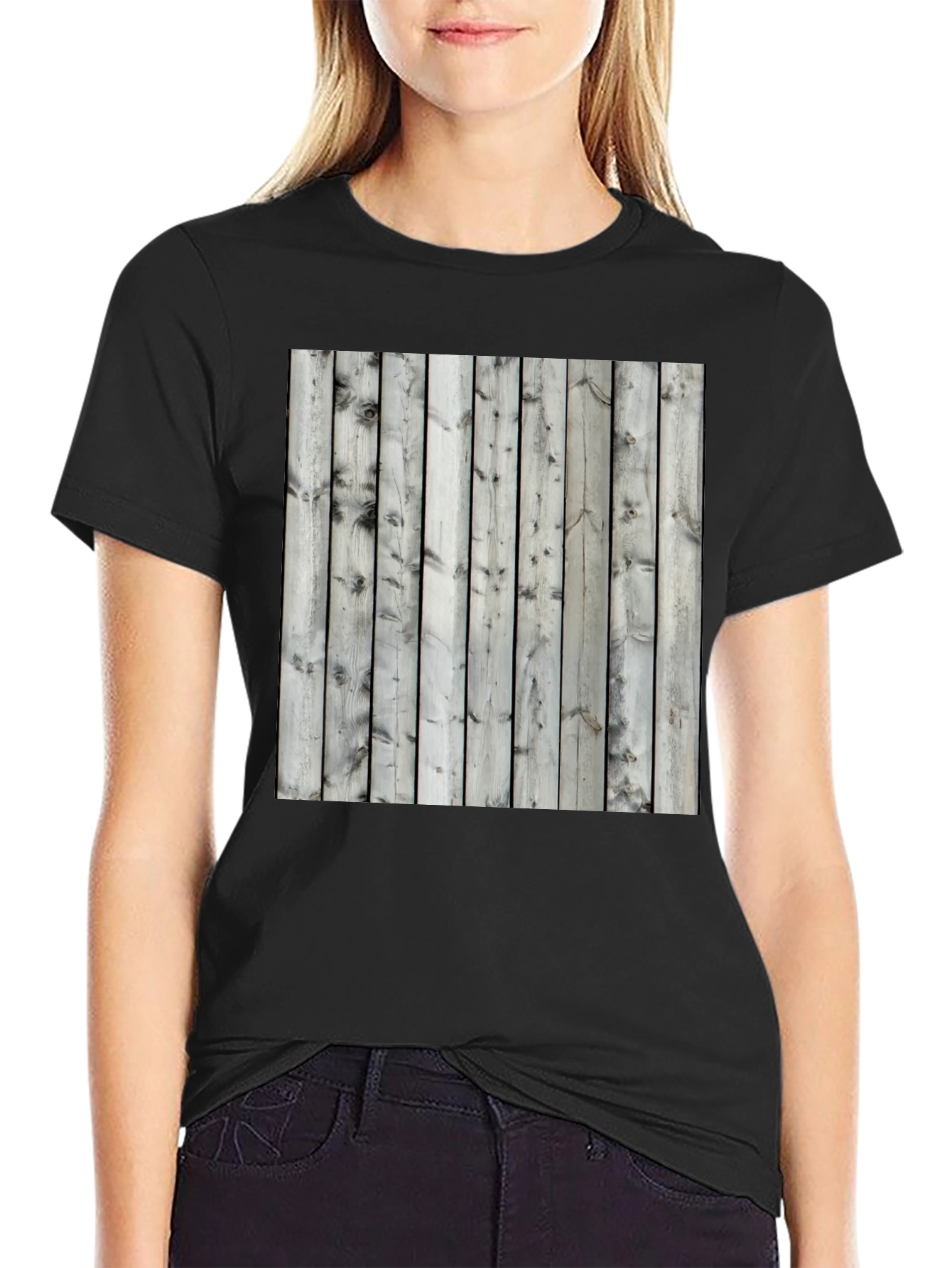 Wooden Fence Print Tee - Black Casual T-Shirt