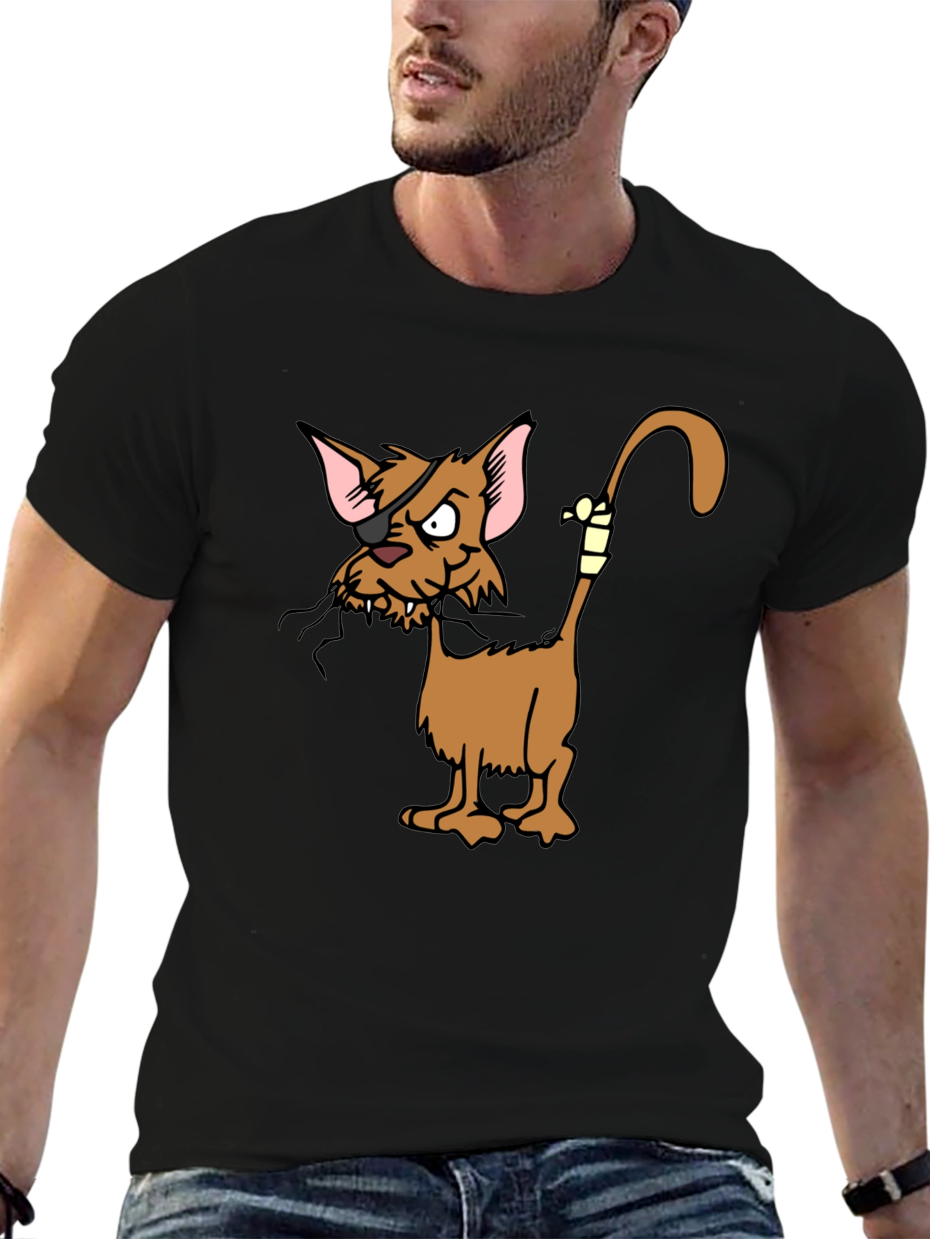 Pirate Cat Cartoon Graphic Black T-Shirt