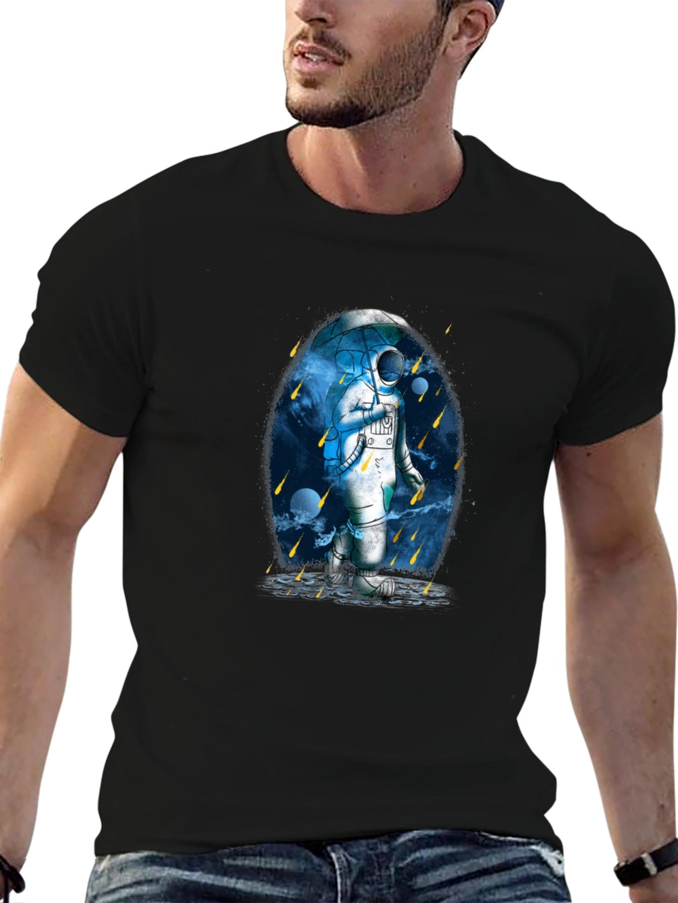 Astronaut Umbrella Graphic Tee - Black Cotton Blend
