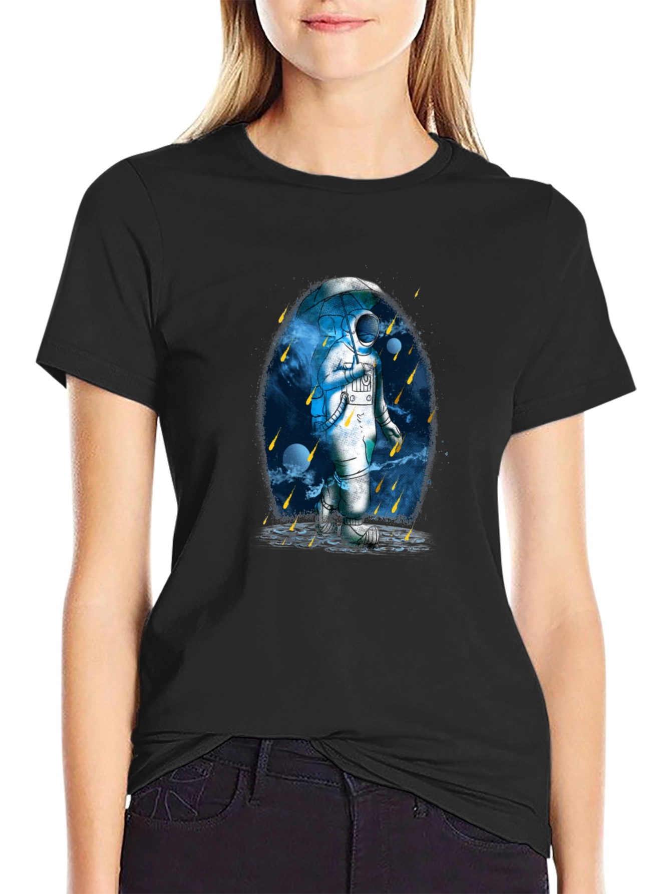 Astronaut Umbrella Graphic Tee - Black Cotton Blend