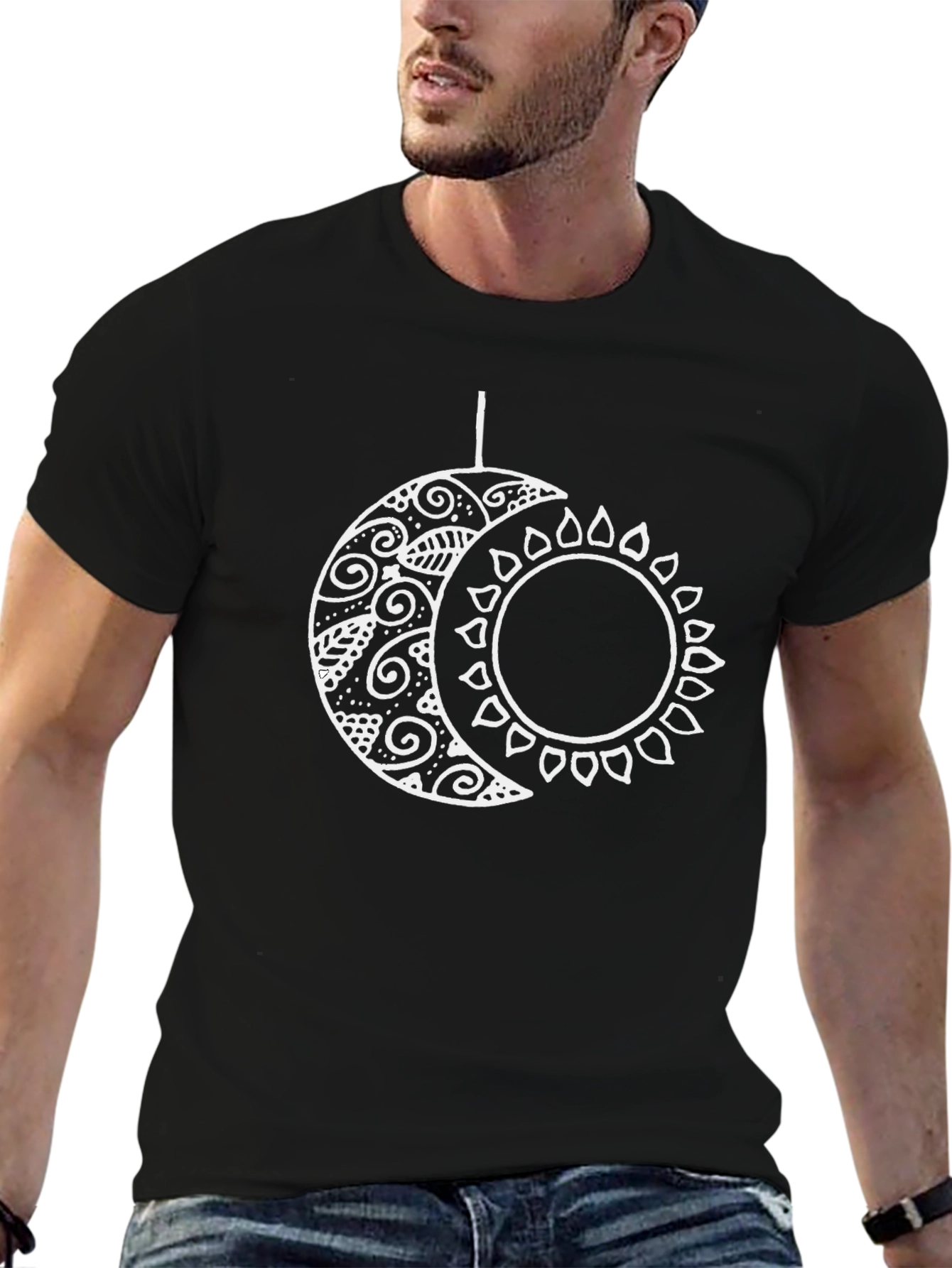 Celestial Sun and Moon Graphic T-Shirt - Black