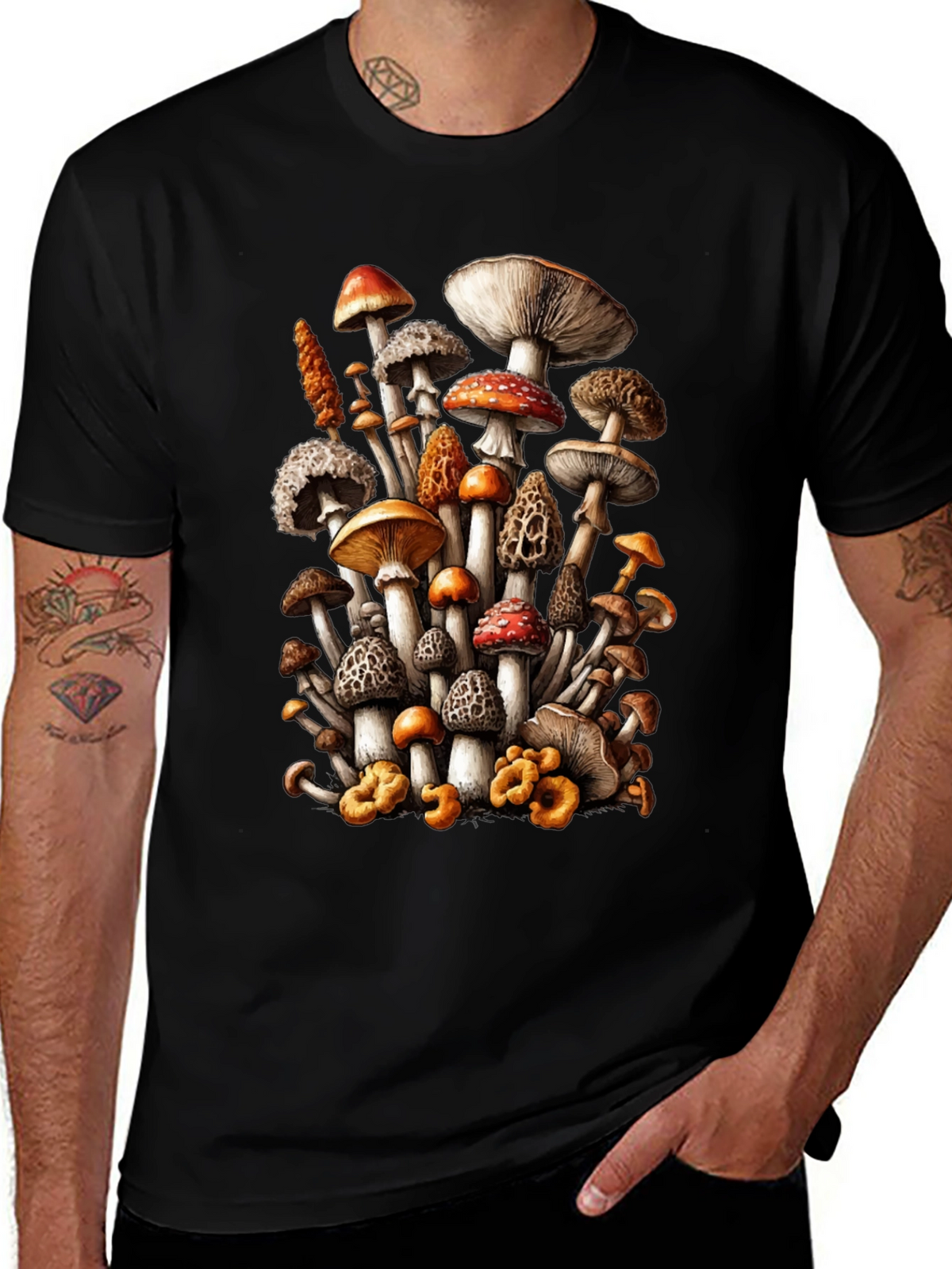 Mushroom Print Black T-Shirt