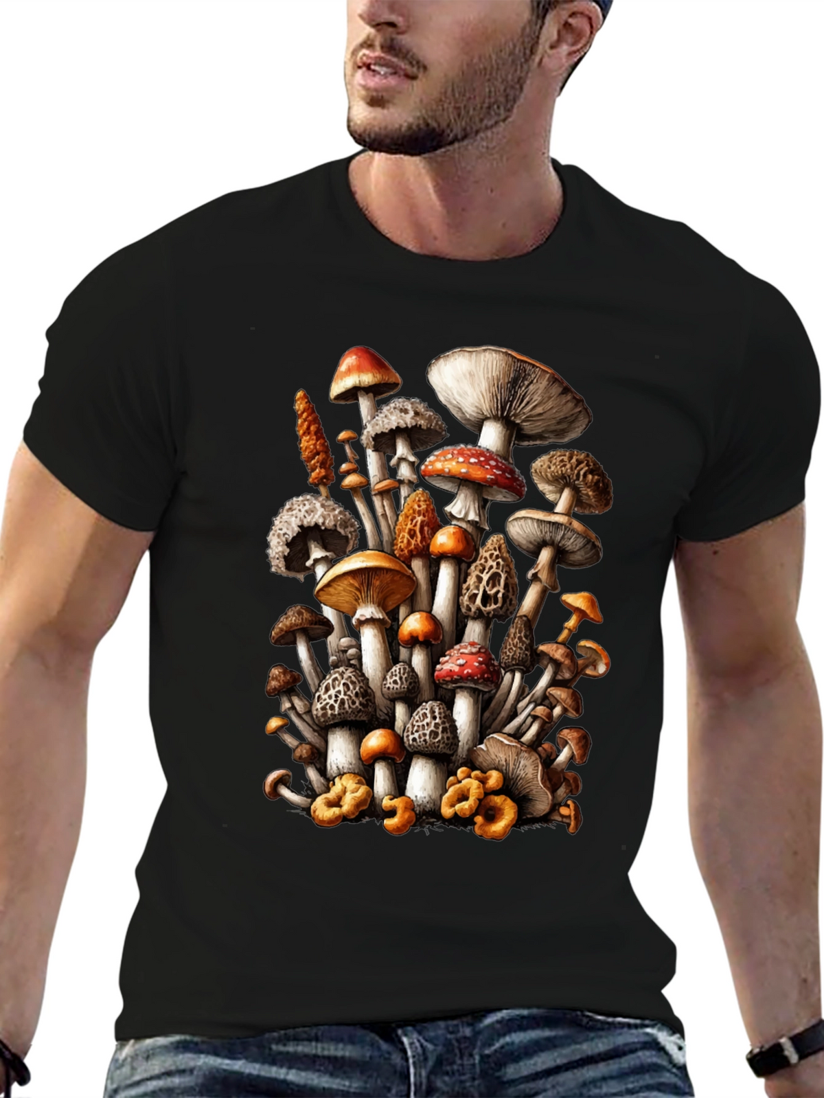 Mushroom Print Black T-Shirt