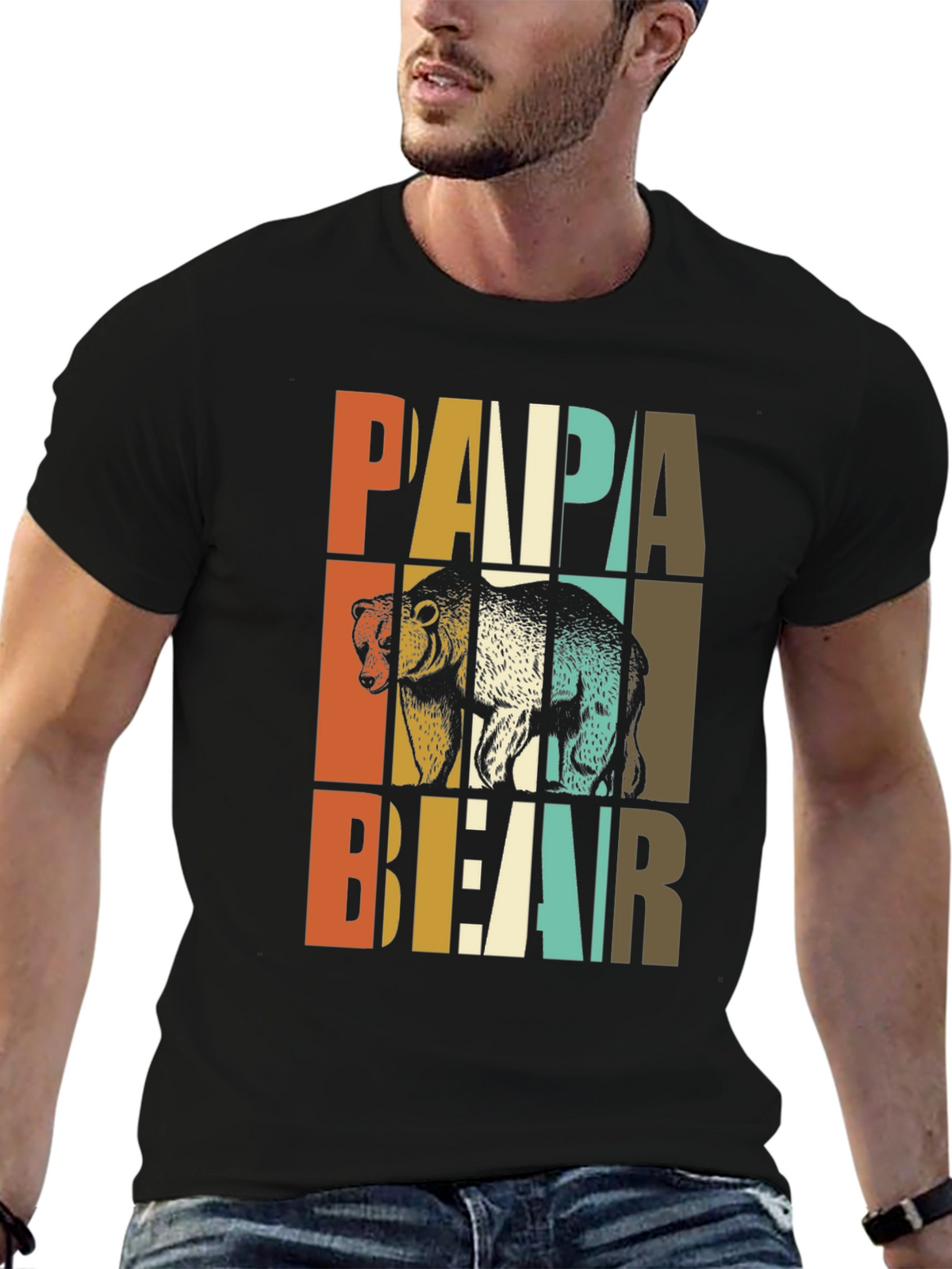 Papa Bear Graphic Tee - Retro Style Dad Shirt