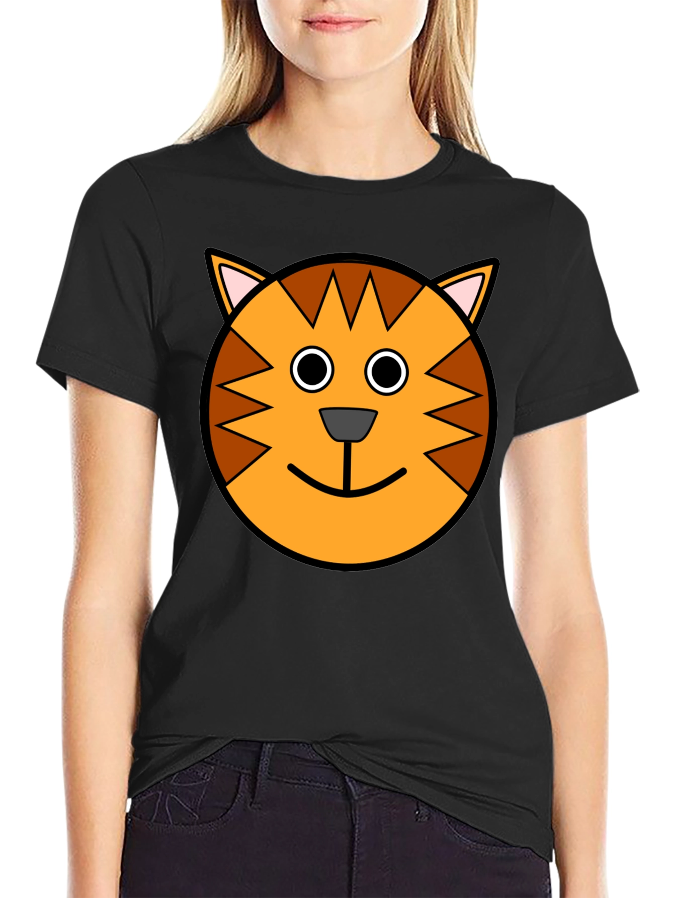 Cartoon Cat Face Black T-Shirt