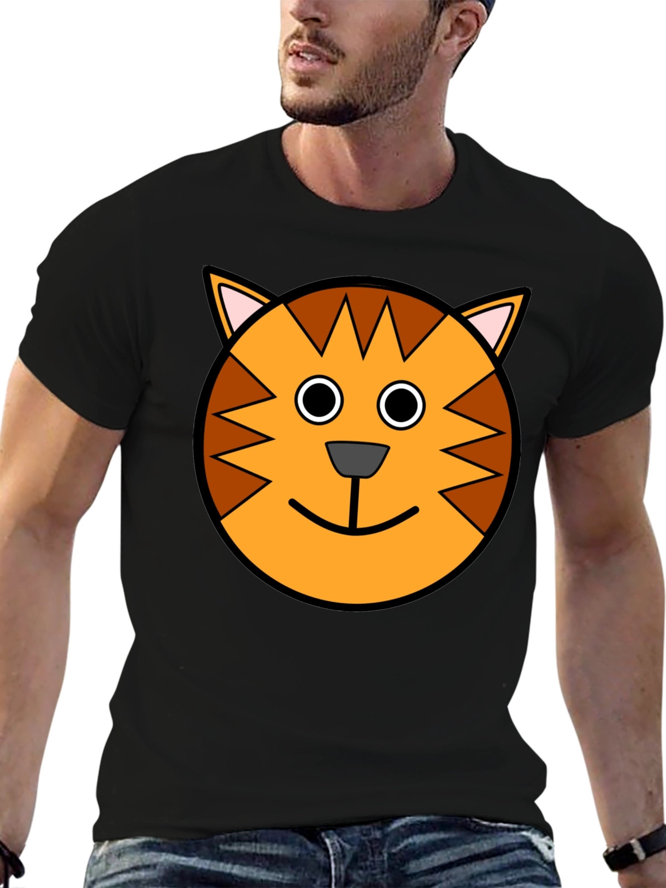 Cartoon Cat Face Black T-Shirt