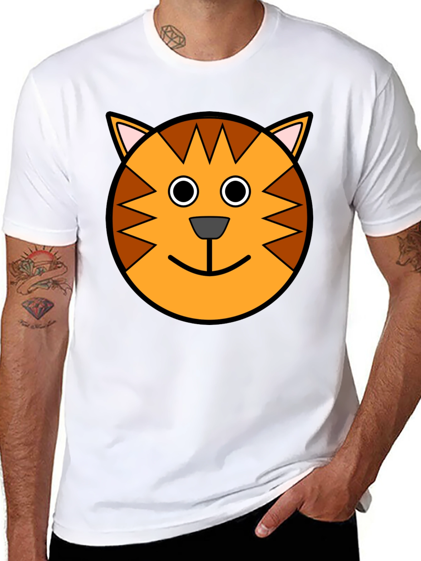 Cartoon Cat Face Black T-Shirt