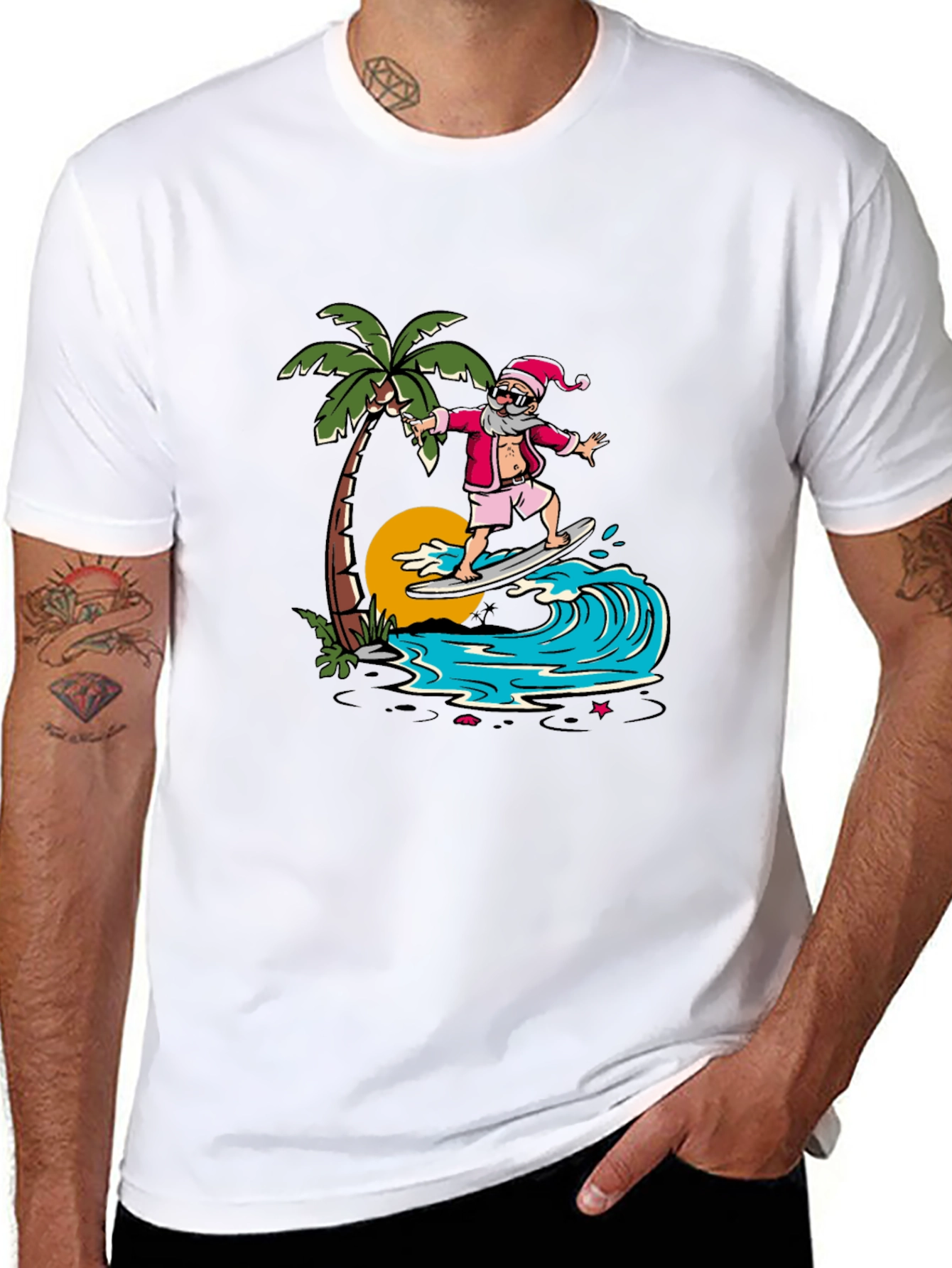Surfing Santa Graphic Tee - Tropical Christmas
