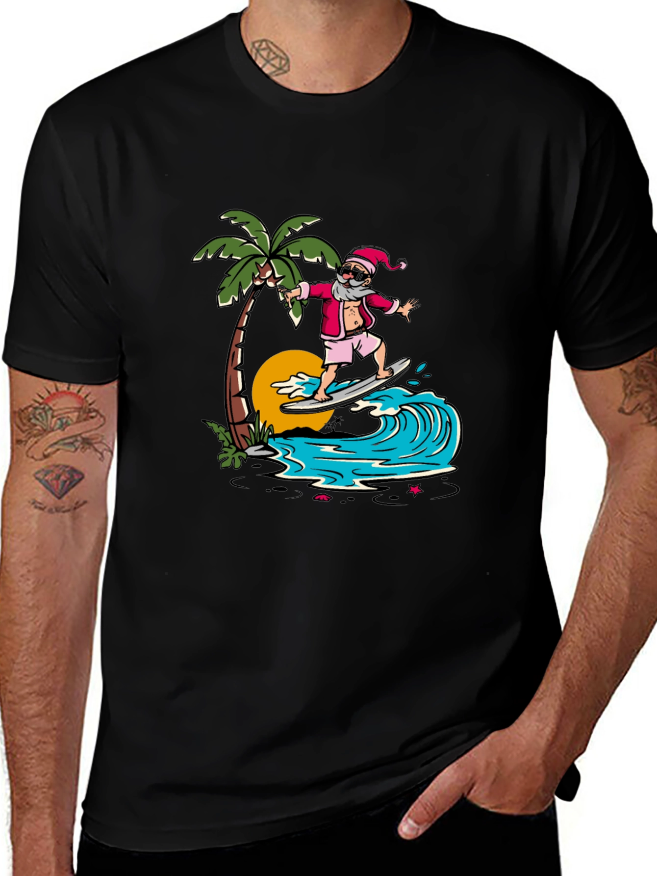 Surfing Santa Graphic Tee - Tropical Christmas
