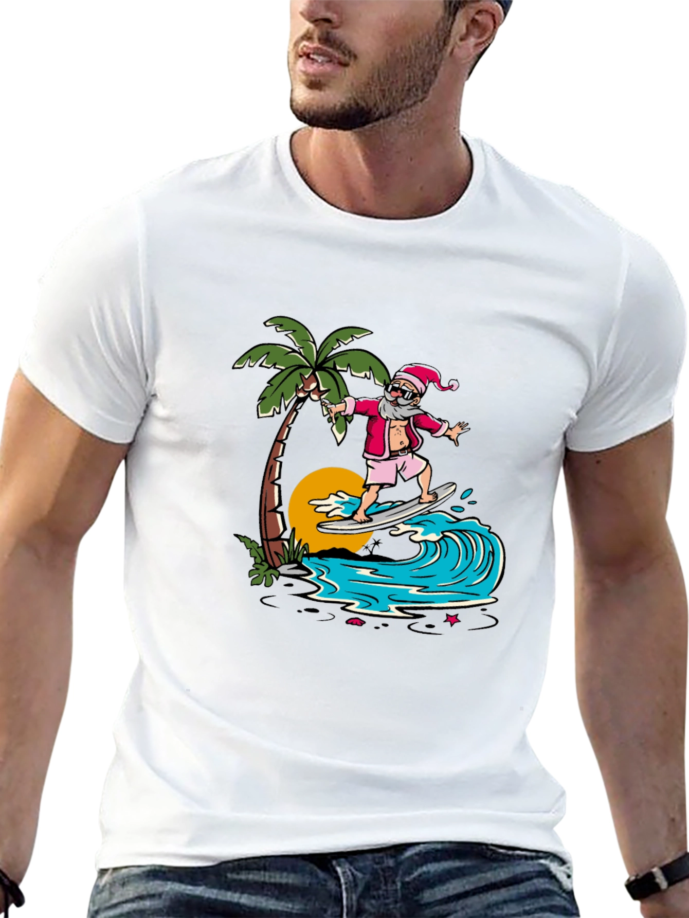 Surfing Santa Graphic Tee - Tropical Christmas