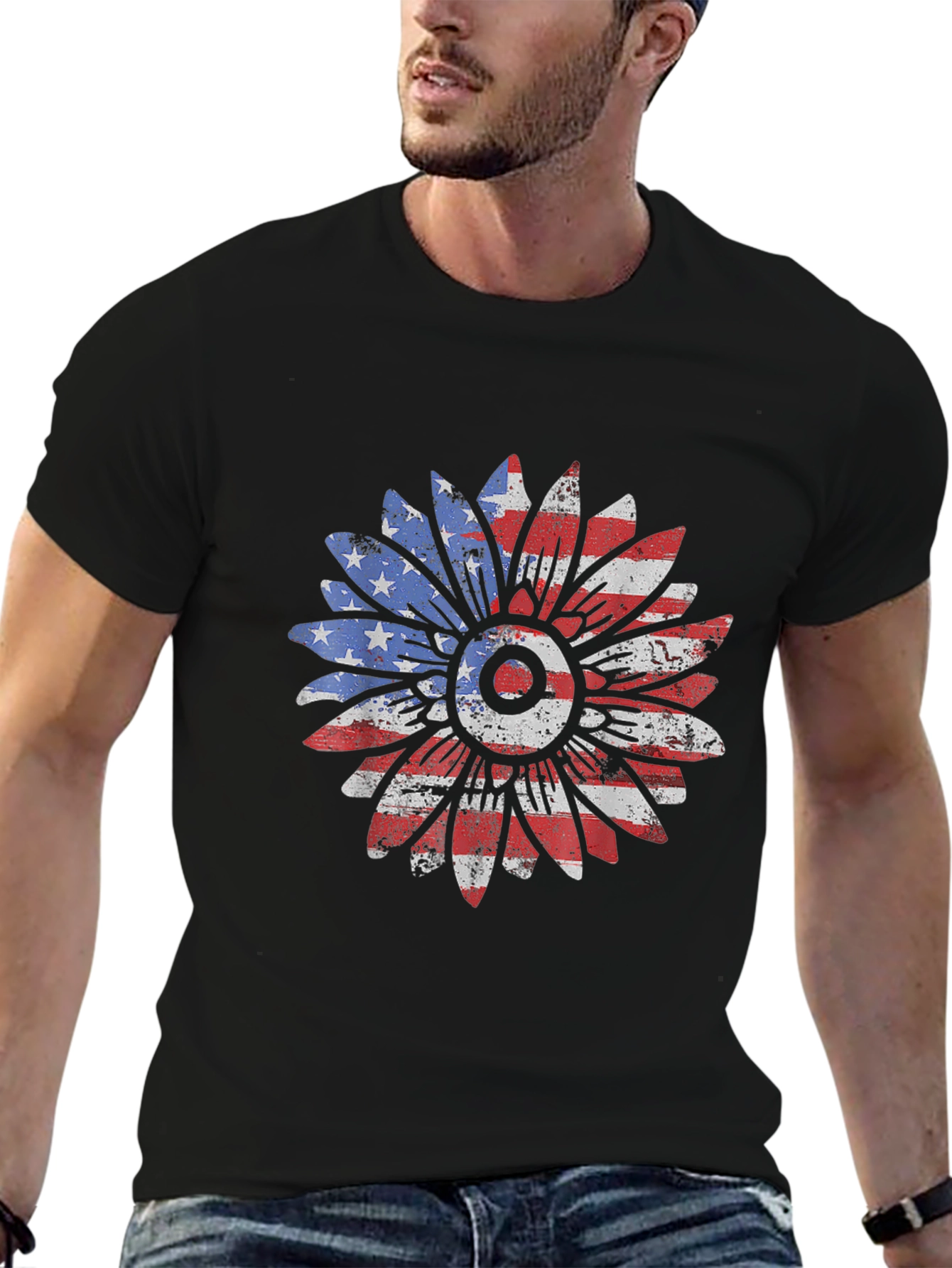 American Flag Sunflower Graphic T-Shirt