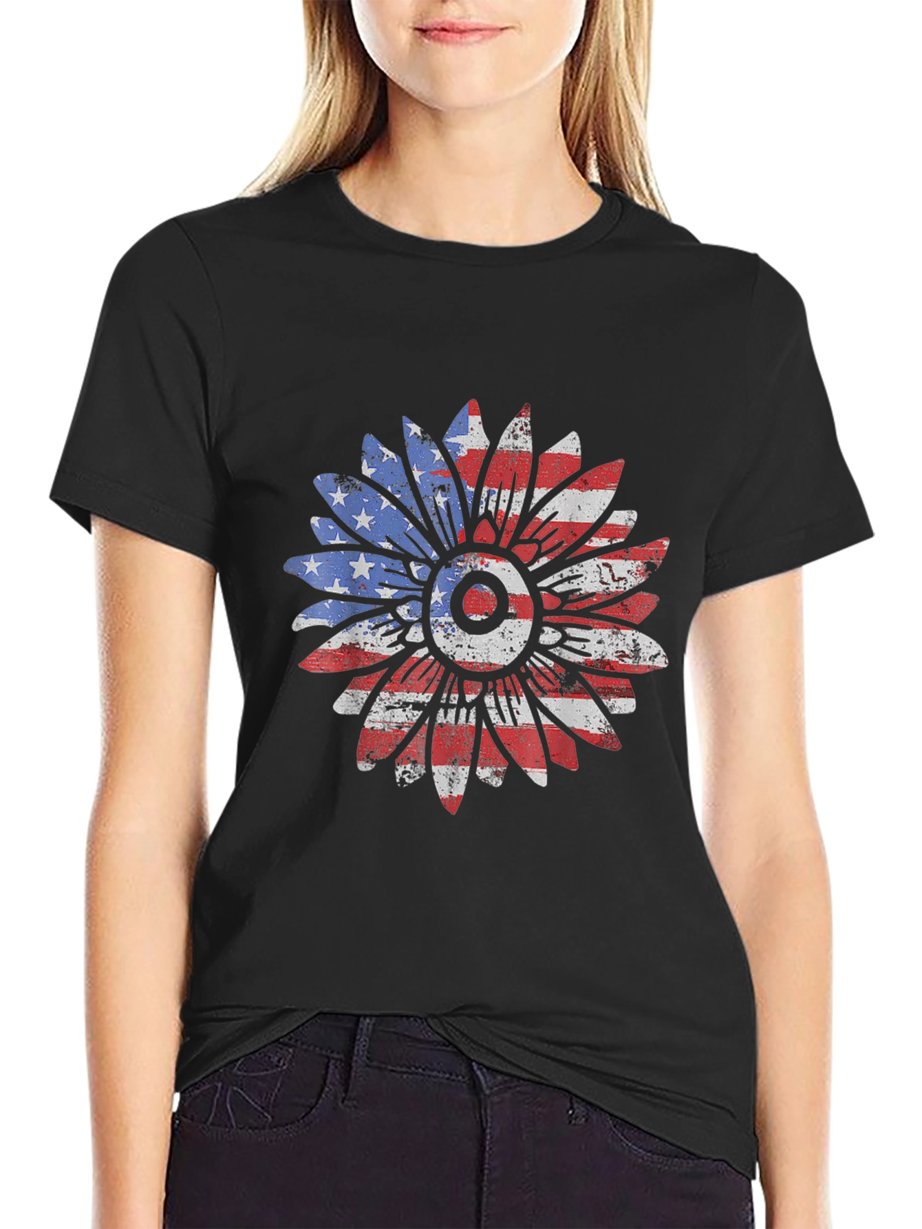 American Flag Sunflower Graphic T-Shirt