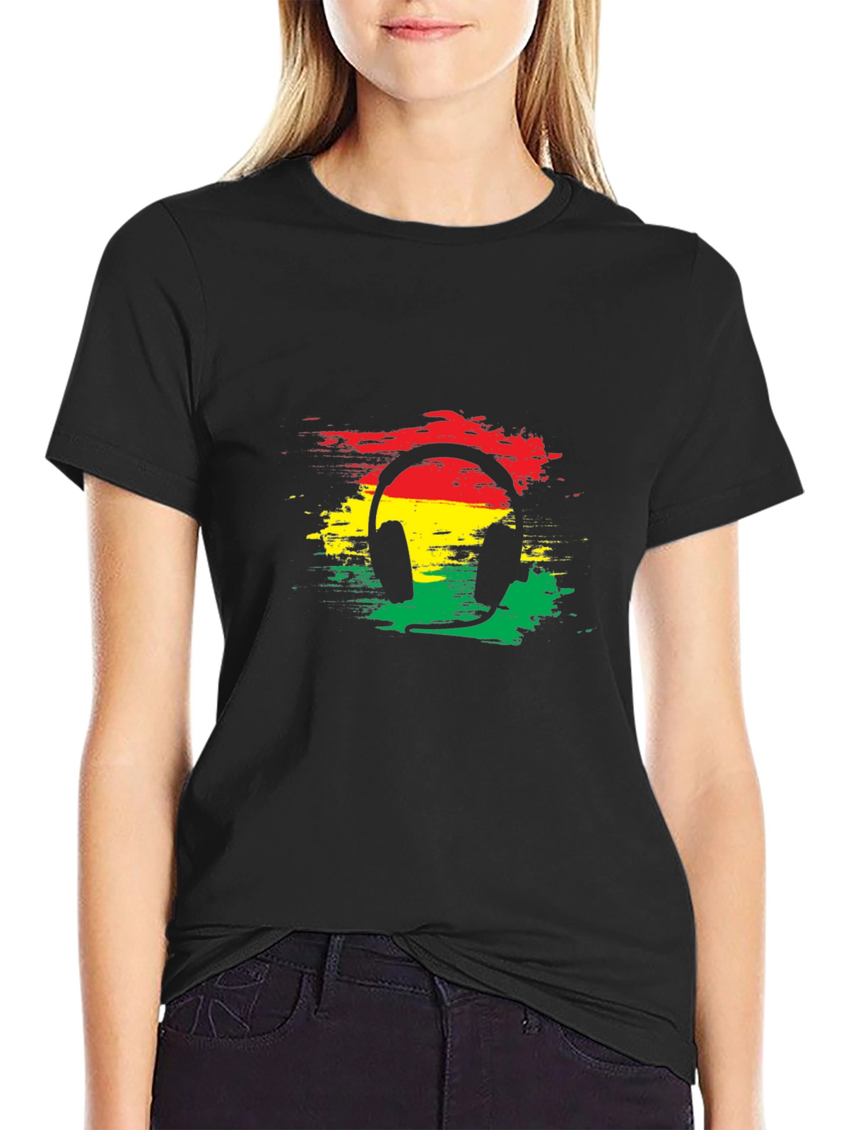 Rasta Headphone Graphic Tee - Black Cotton Blend