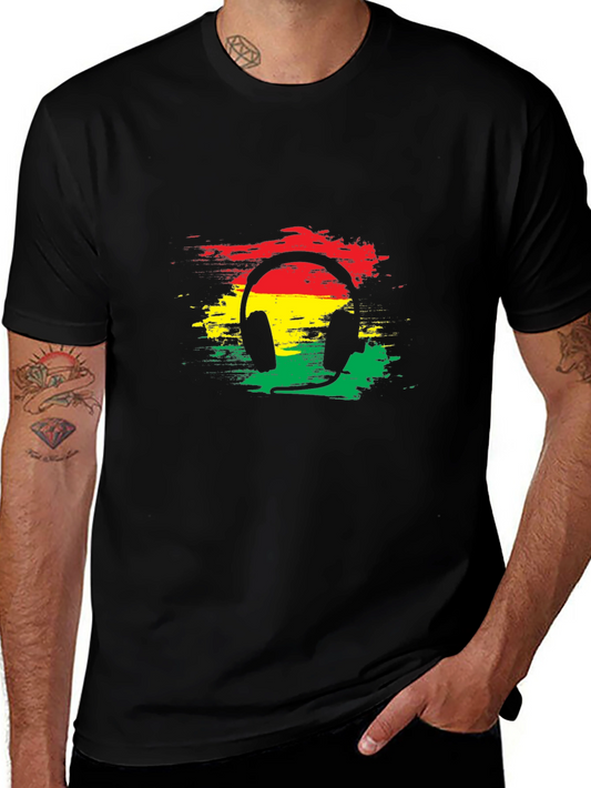Rasta Headphone Graphic Tee - Black Cotton Blend