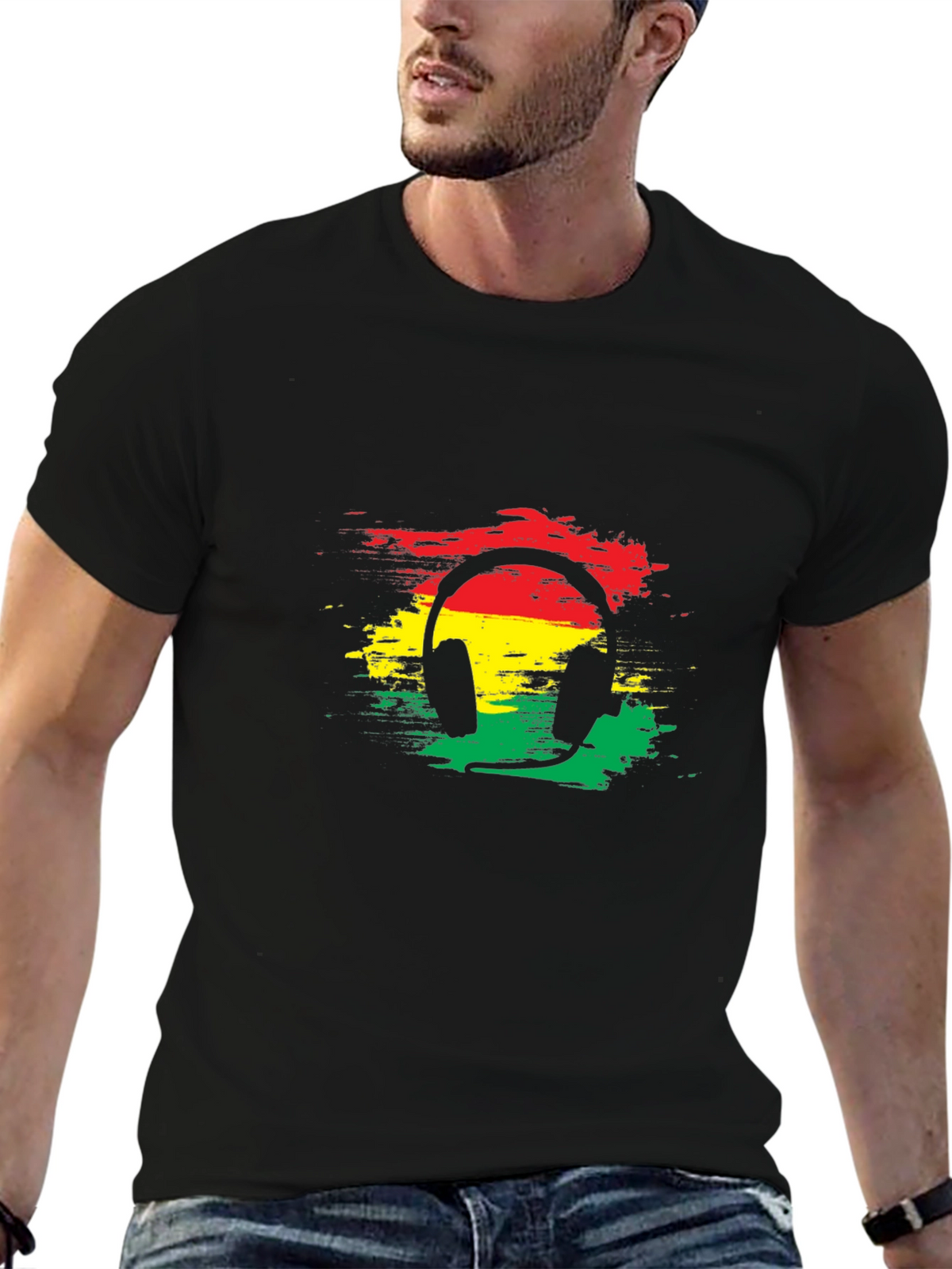 Rasta Headphone Graphic Tee - Black Cotton Blend