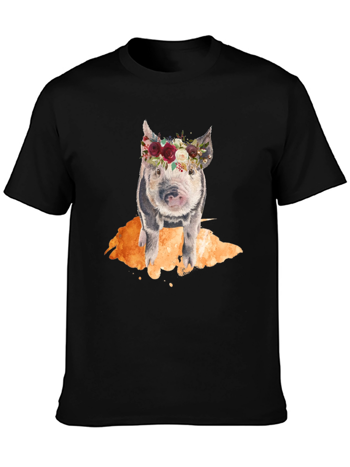 Floral Crown Pig Black T-Shirt