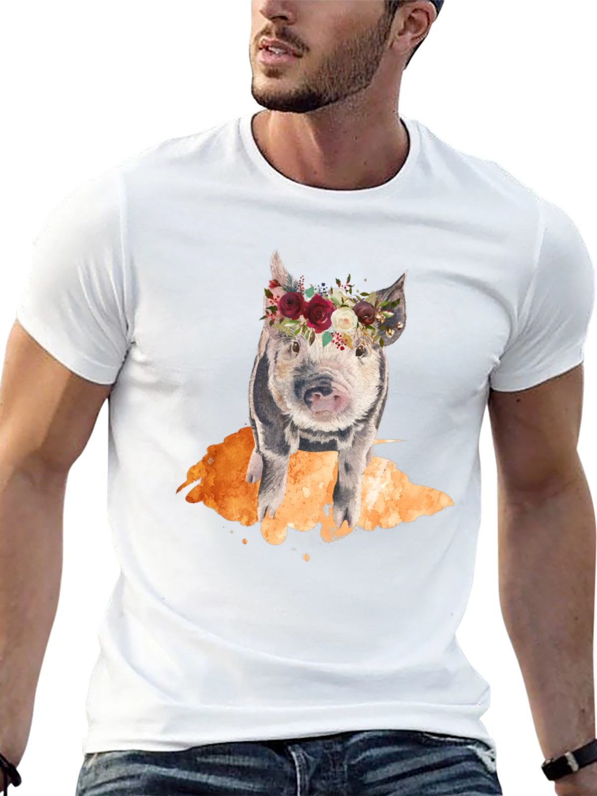 Floral Crown Pig Black T-Shirt
