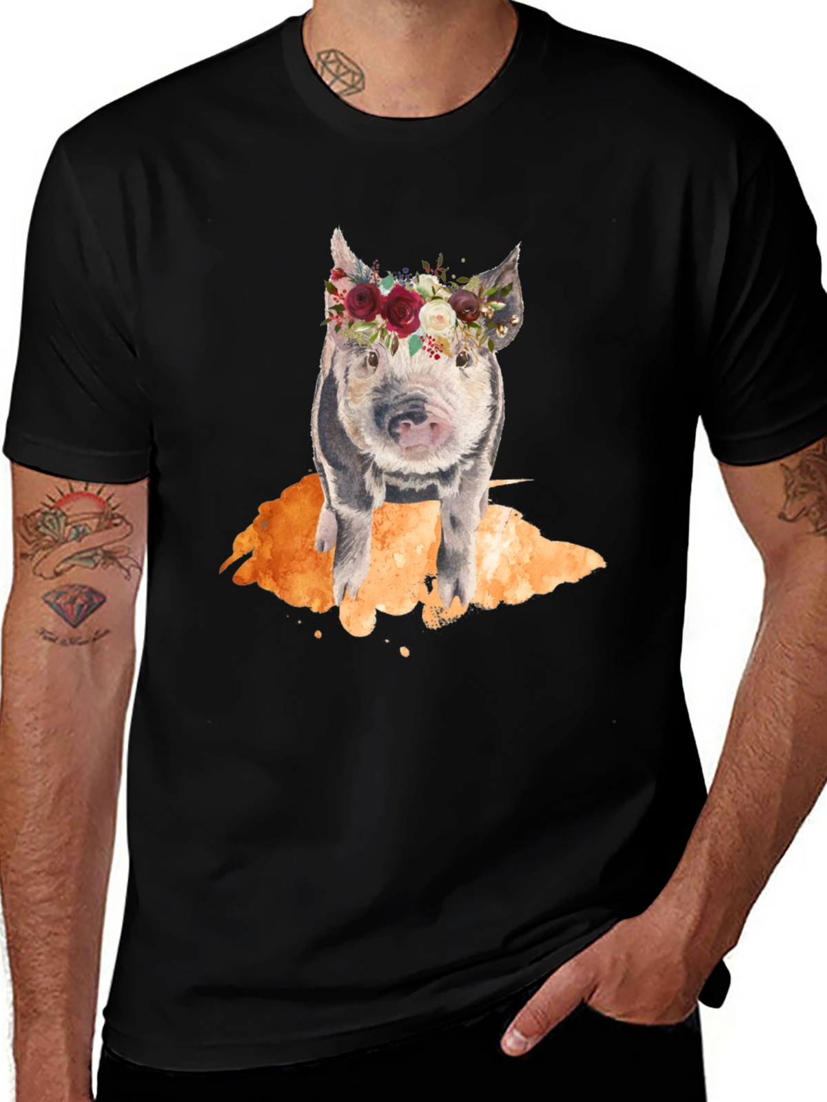 Floral Crown Pig Black T-Shirt